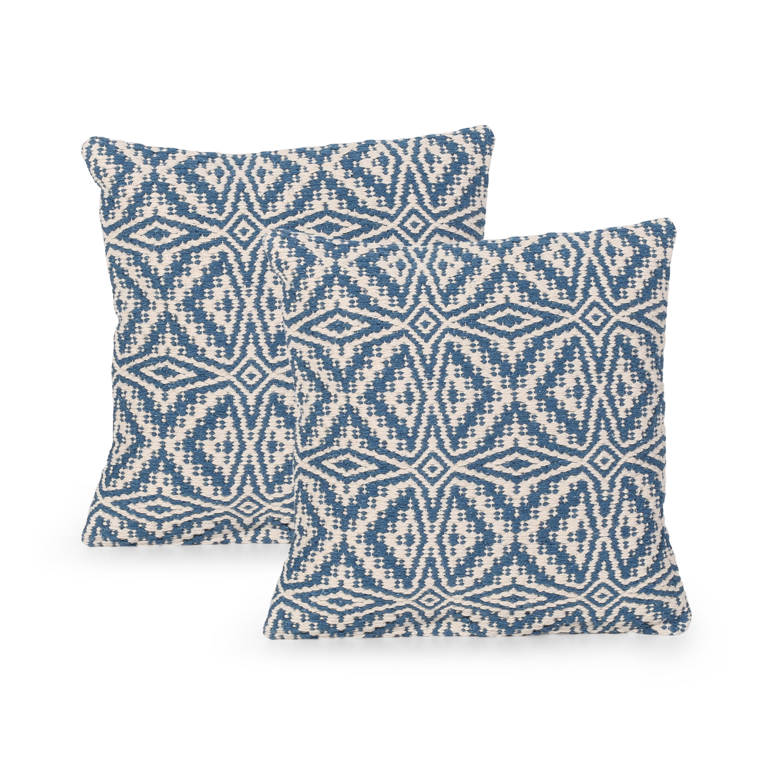 Noble House Avers Boho Cotton Throw Pillow in Blue and White (Set of 2)