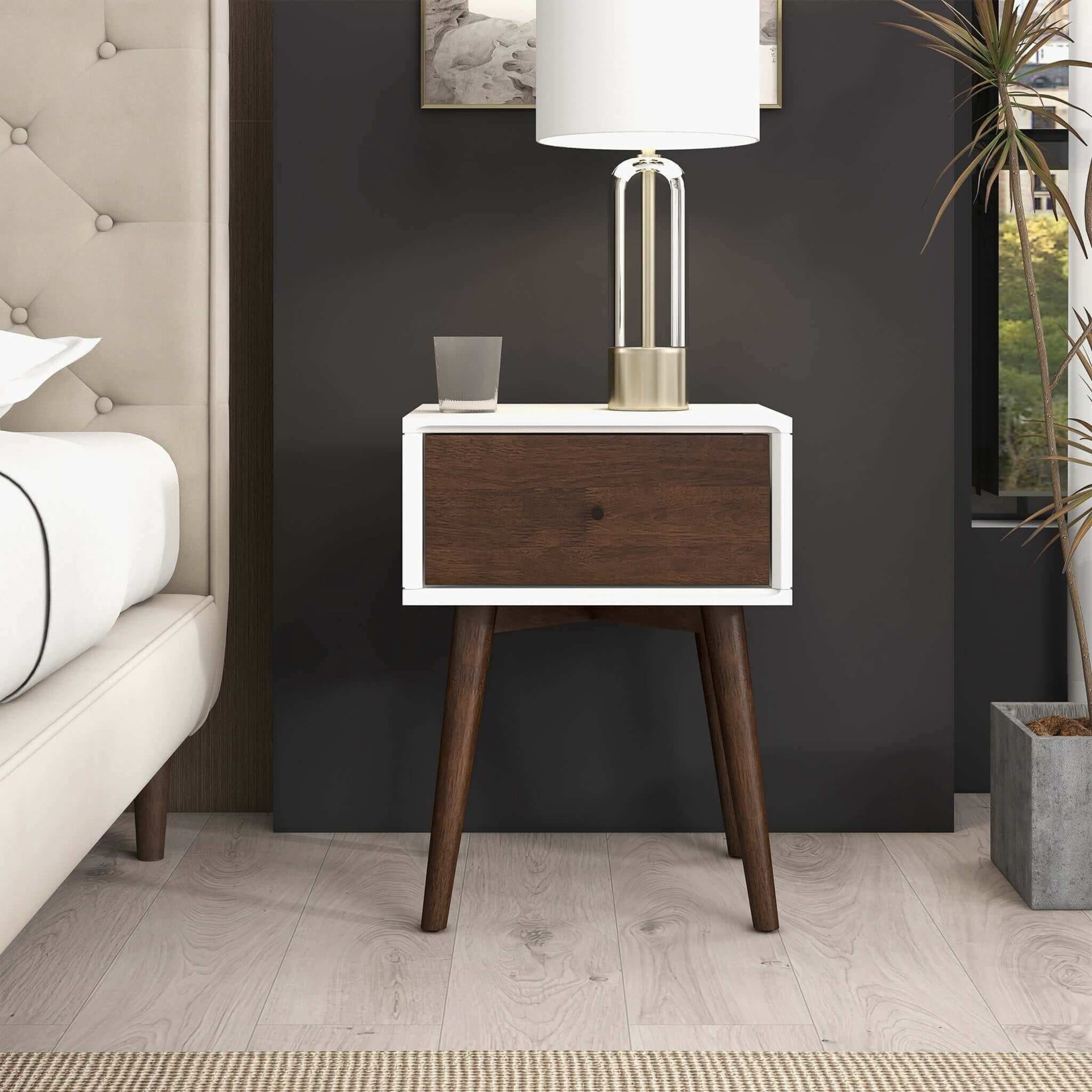 Noble House Avery Mid-Century Modern Nightstand, Solid Walnut Wood Compact Storage Table, Dark Brown and White