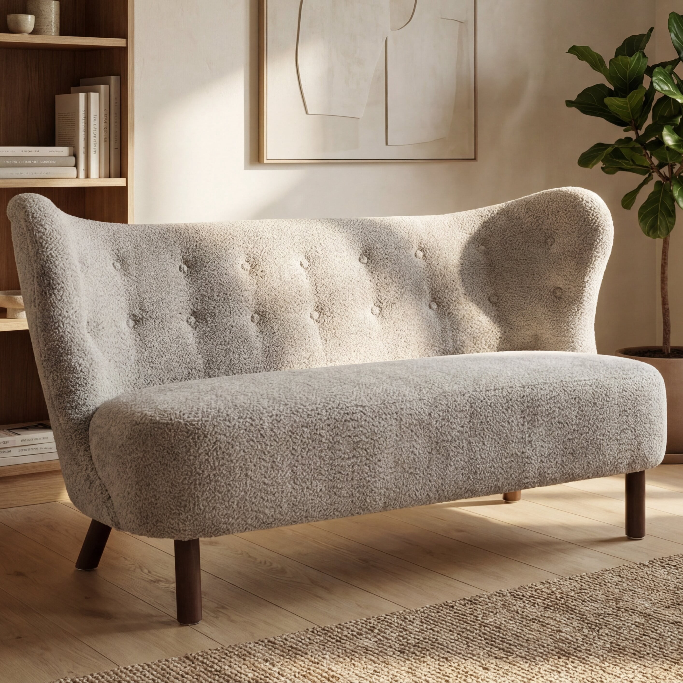 Noble House Avichai 58" Nordic Style Loveseat, Chenille Accent Sofa with Curved Tufted Backrest for Living Room, Beige