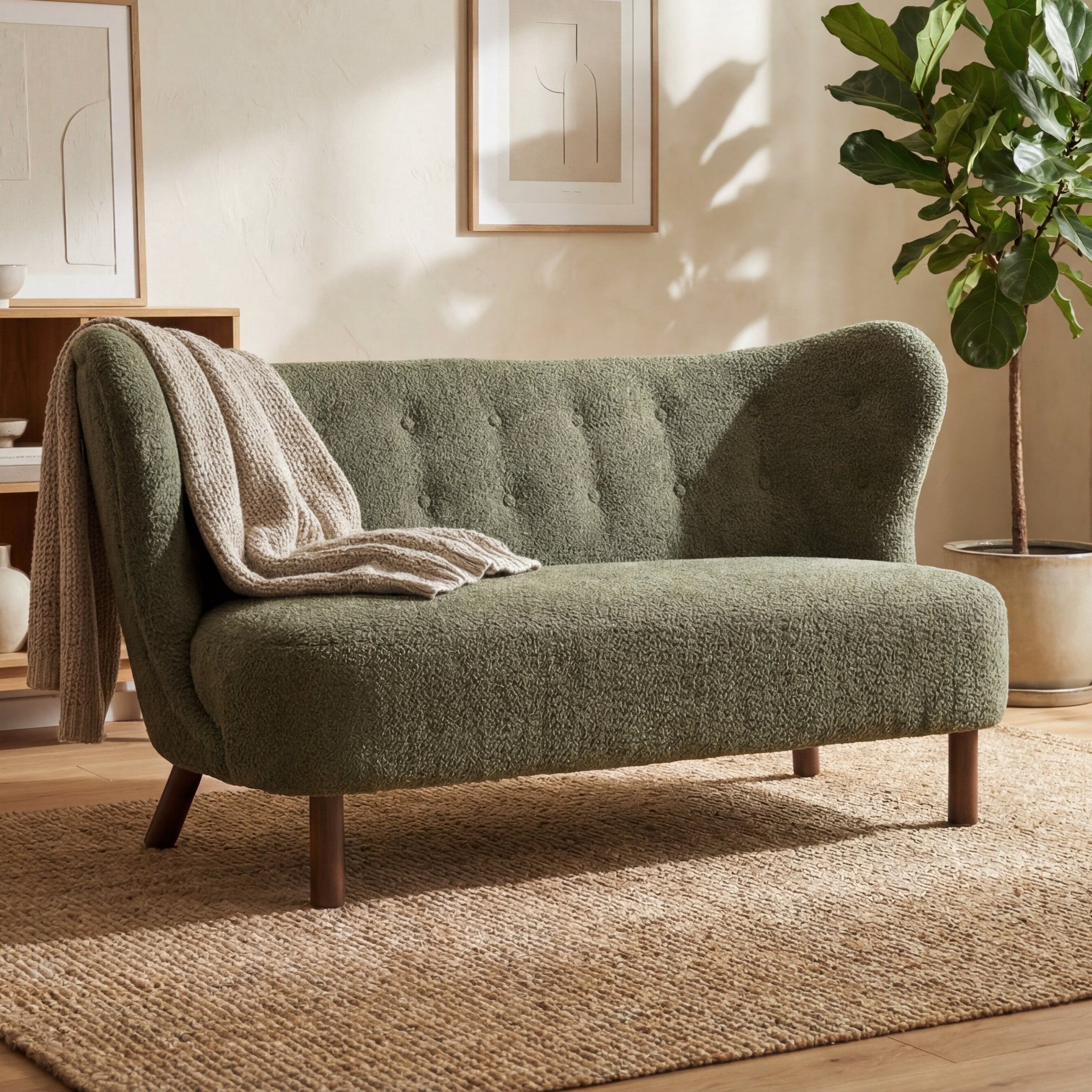 Noble House Avichai 58" Nordic Style Loveseat, Chenille Accent Sofa with Curved Tufted Backrest for Living Room, Olive Green
