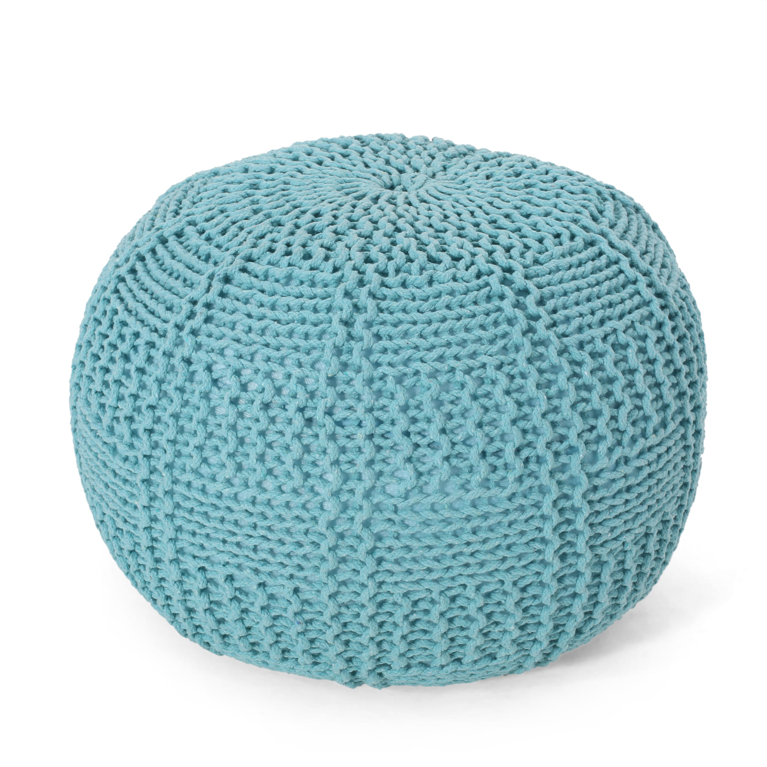 Noble House Axson Cotton Knitted Round Pouf, Blue, 20" x 14"