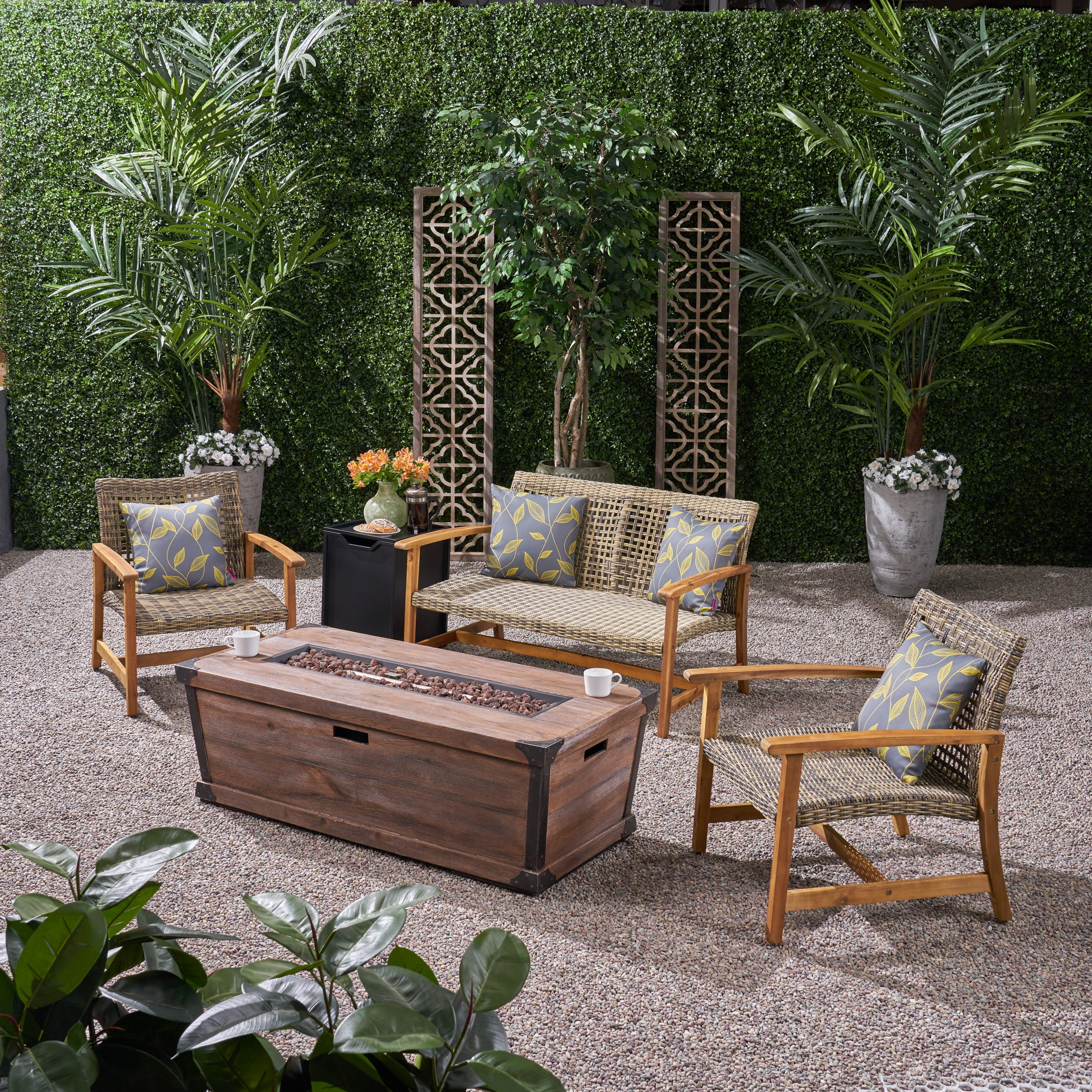 Arjun Outdoor 5 Piece Acacia Wood and Wicker Chat Set with Fire Pit and Tank Holder, Natural, Gray, Brown