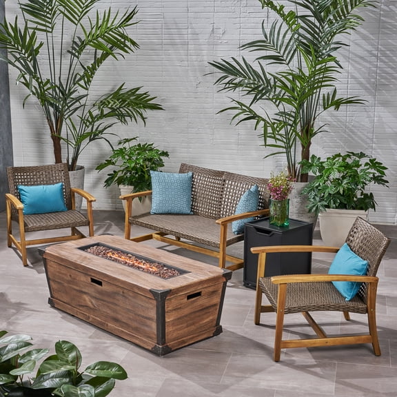 Noble House Azalea Outdoor 3 Pc  Chat Set w/ Fire Pit Natural Mocha