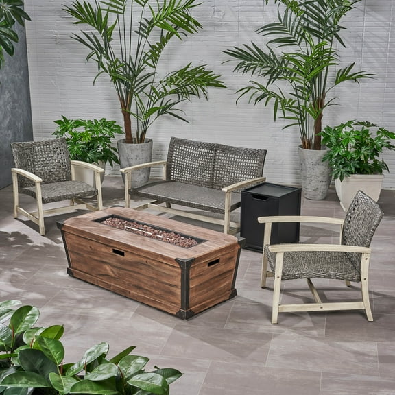 Noble House Azalea Outdoor 3 Piece Wicker Chat Set with Fire Pit Gray