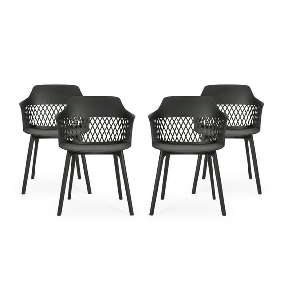 Noble House Azalea Plastic Patio Dining Arm Chair in Black (Set of 4)