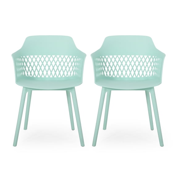 Noble House Azalea Plastic Patio Dining Arm Chair in Mint (Set of 2)