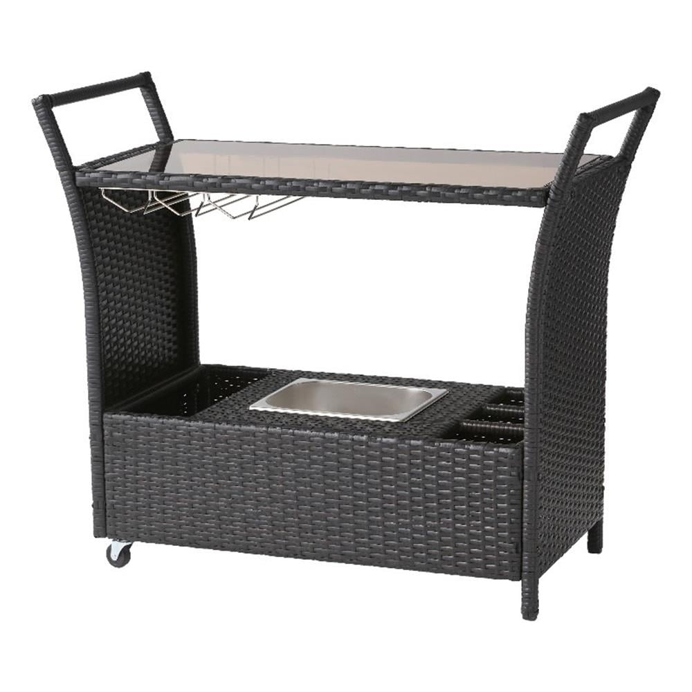 Bahama Black Wicker Outdoor Bar Cart with Glass Top and Storage