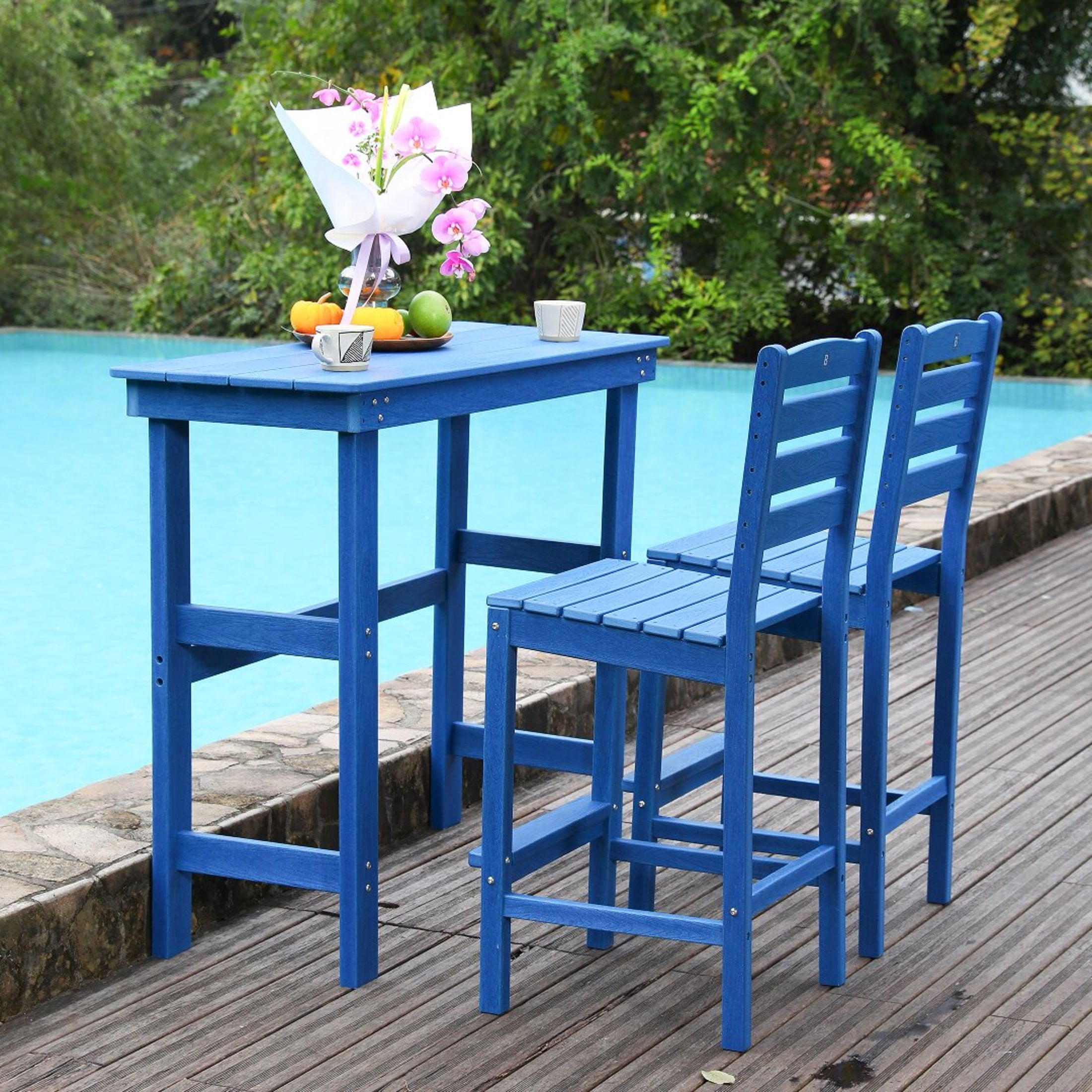 Noble House Balcony Adirondack Bar Height Chair, All-Weather Patio Garden Stool with Backrest, Lake Blue, Set of 2