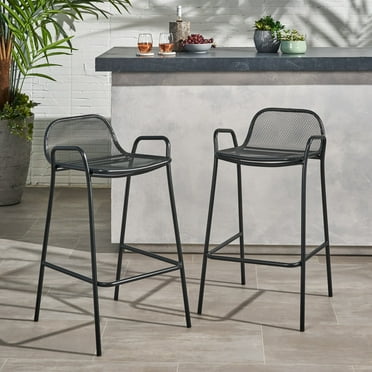 Noble House Baltimore Outdoor Modern Iron Barstool in Matte Black (Set of 2)