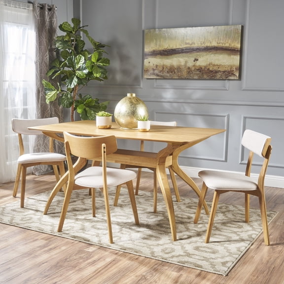 Noble House Banbury Mid Century Modern Wood 5 Piece Dining Set, Natural Oak, Light Beige