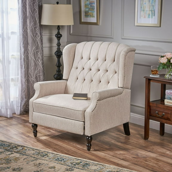 Noble House Barnsfield Oversized Tufted Push Back Recliner, Beige