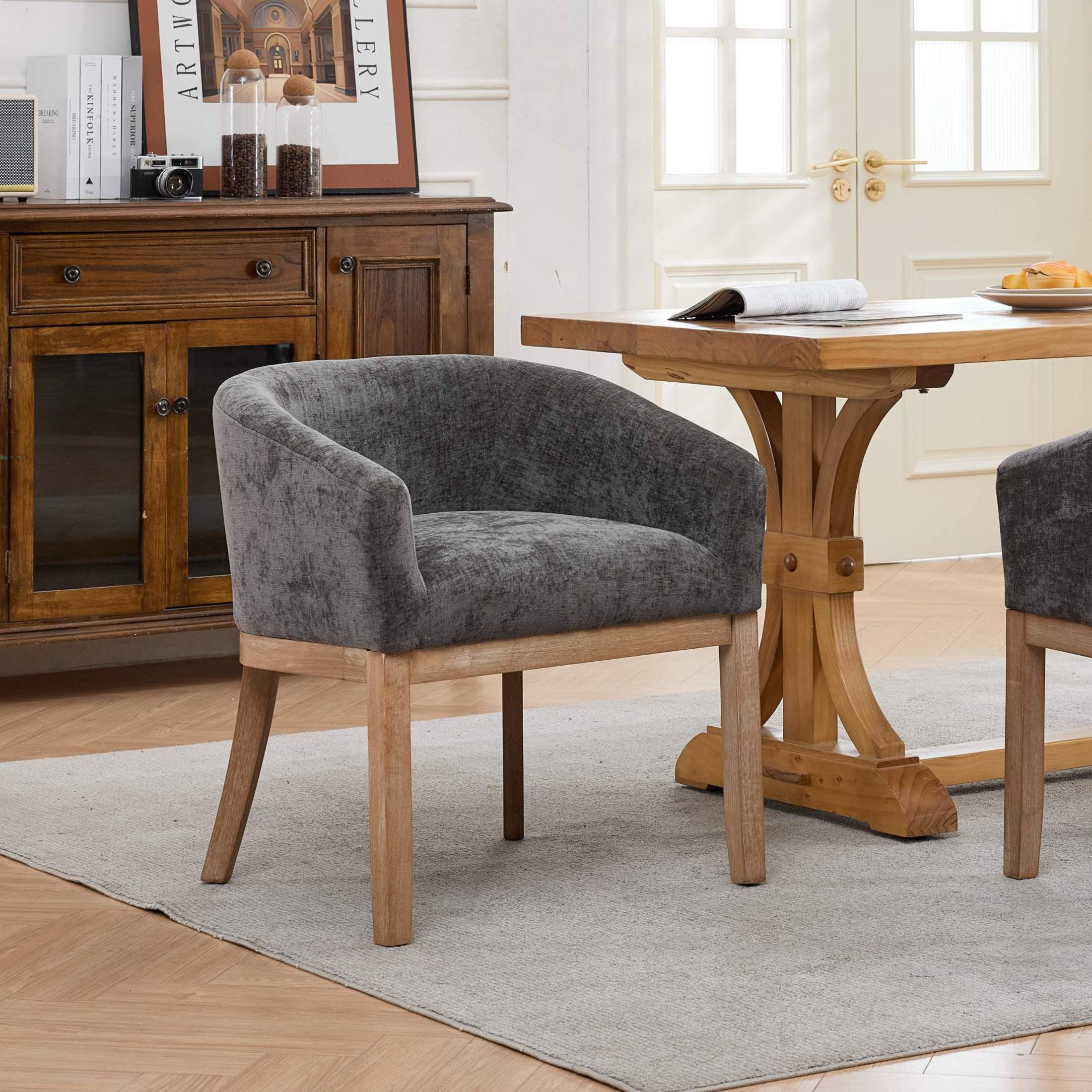 Noble House Barrel Dining Chair with Arms, Chenille Upholstery, Rubberwood Frame, Gray
