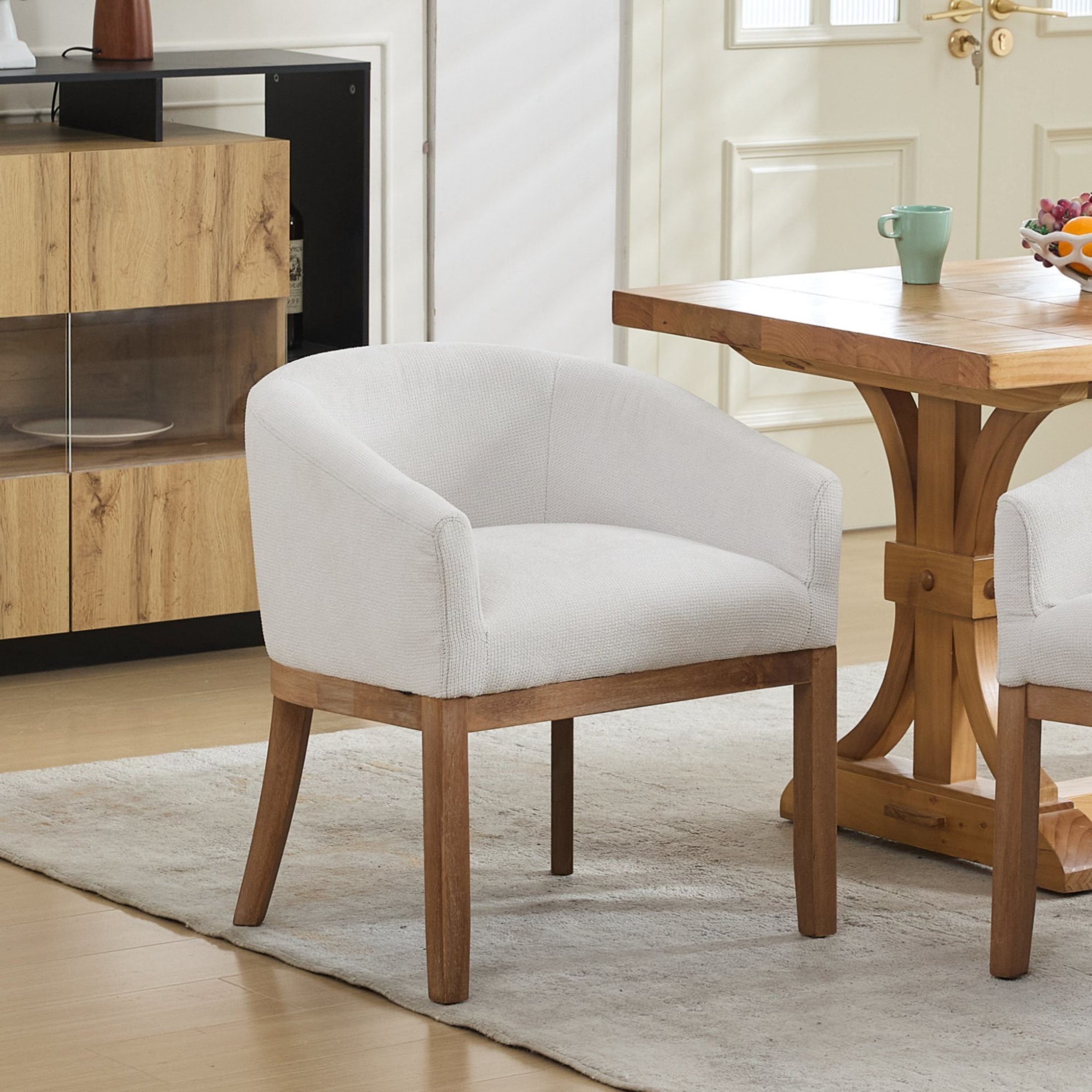 Noble House Barrel Dining Chair with Arms, Linen Upholstery, Rubberwood Frame, Beige