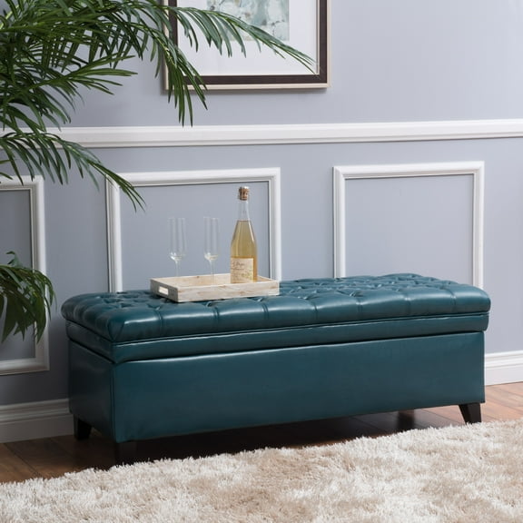 Noble House Barton Tufted Faux Leather Storage Ottoman, Teal