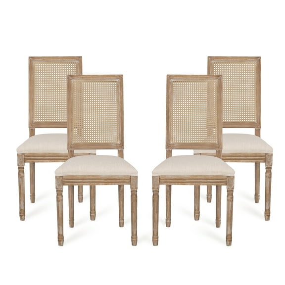 Noble House Beckstrom Indoor Wood and Cane Upholstered Dining Chair, Set of 4, Beige and Natural