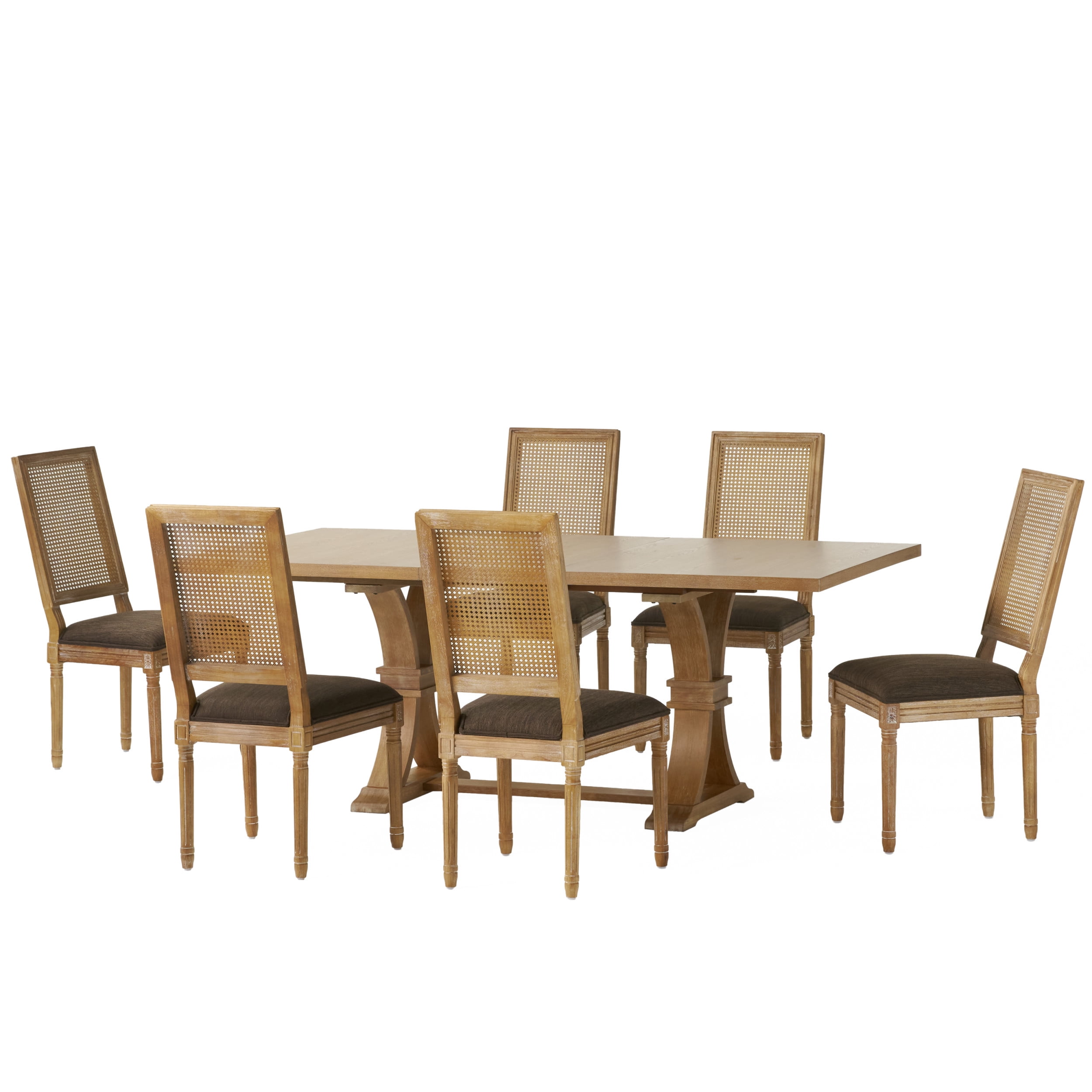 Noble House Beckstrom Wood and Cane 7-Piece Expandable Dining Set, Brown and Natural