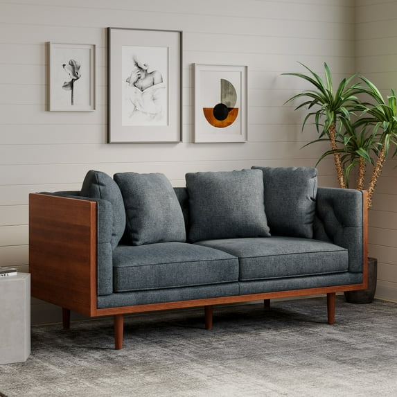 Noble House Beeson Fabric Tufted Loveseat with Accent Pillows, Charcoal and Dark Walnut