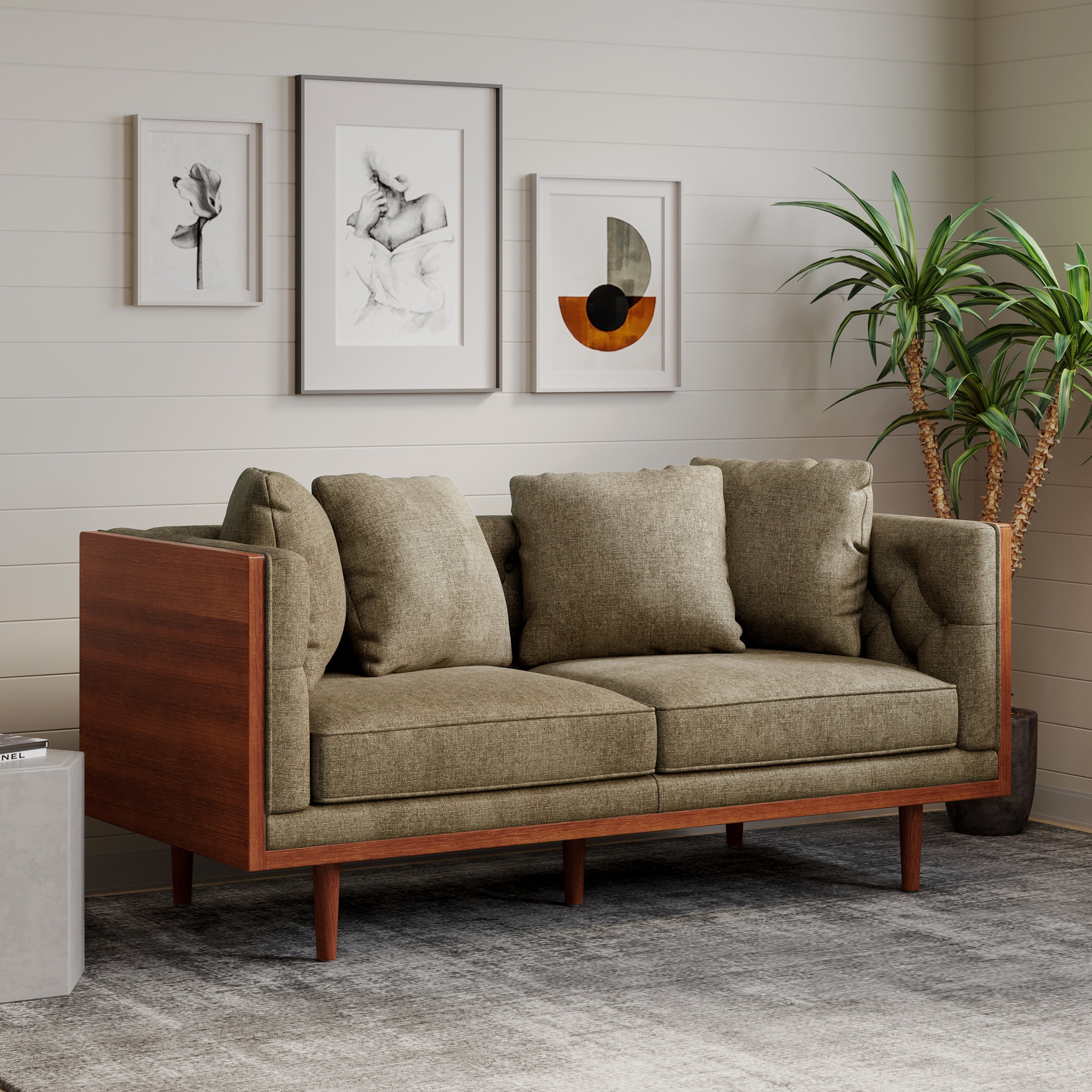 Dark Beige Fabric Tufted Loveseat with Walnut Frame and Accent Pillows