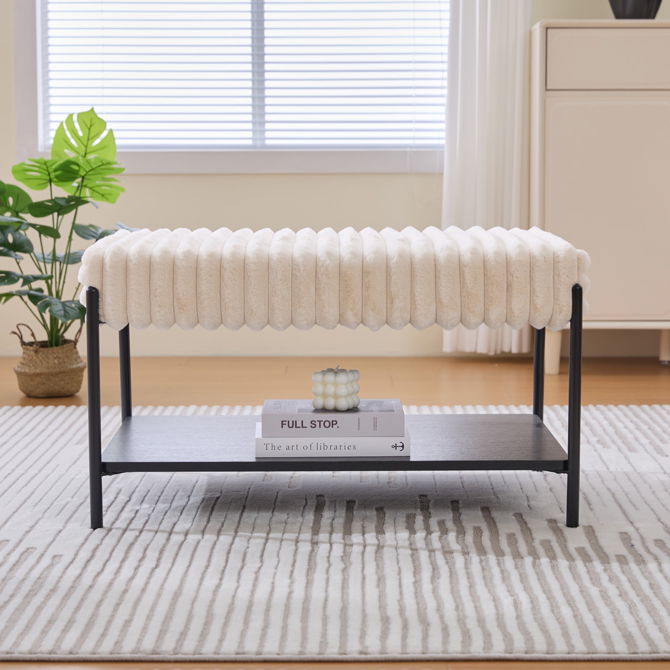 Noble House Belden 30.7" Faux Fur Ottoman Coffee Table, Foot Rest with Black Metal Legs & Open Storage Shelf, Beige