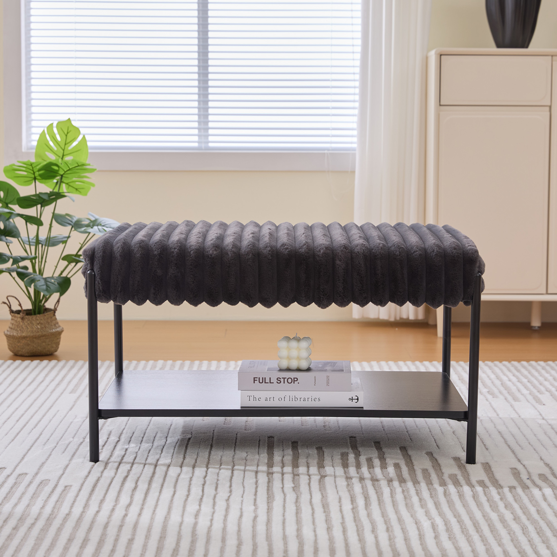 Noble House Belden 30.7" Faux Fur Ottoman Coffee Table, Foot Rest with Black Metal Legs & Open Storage Shelf, Charcoal