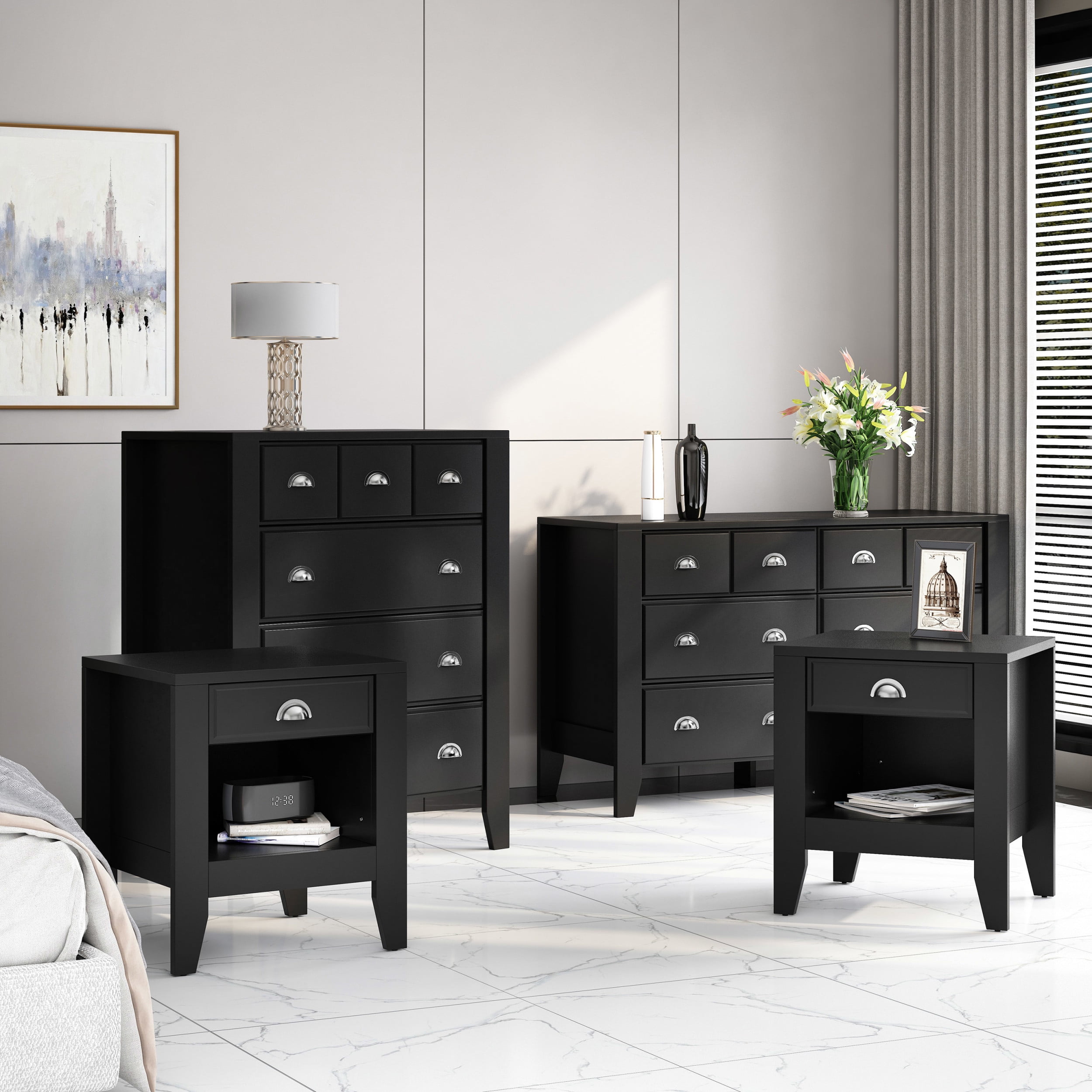 Noble House Bellic 4-Piece Modern Faux Wood Bedroom Set, Black