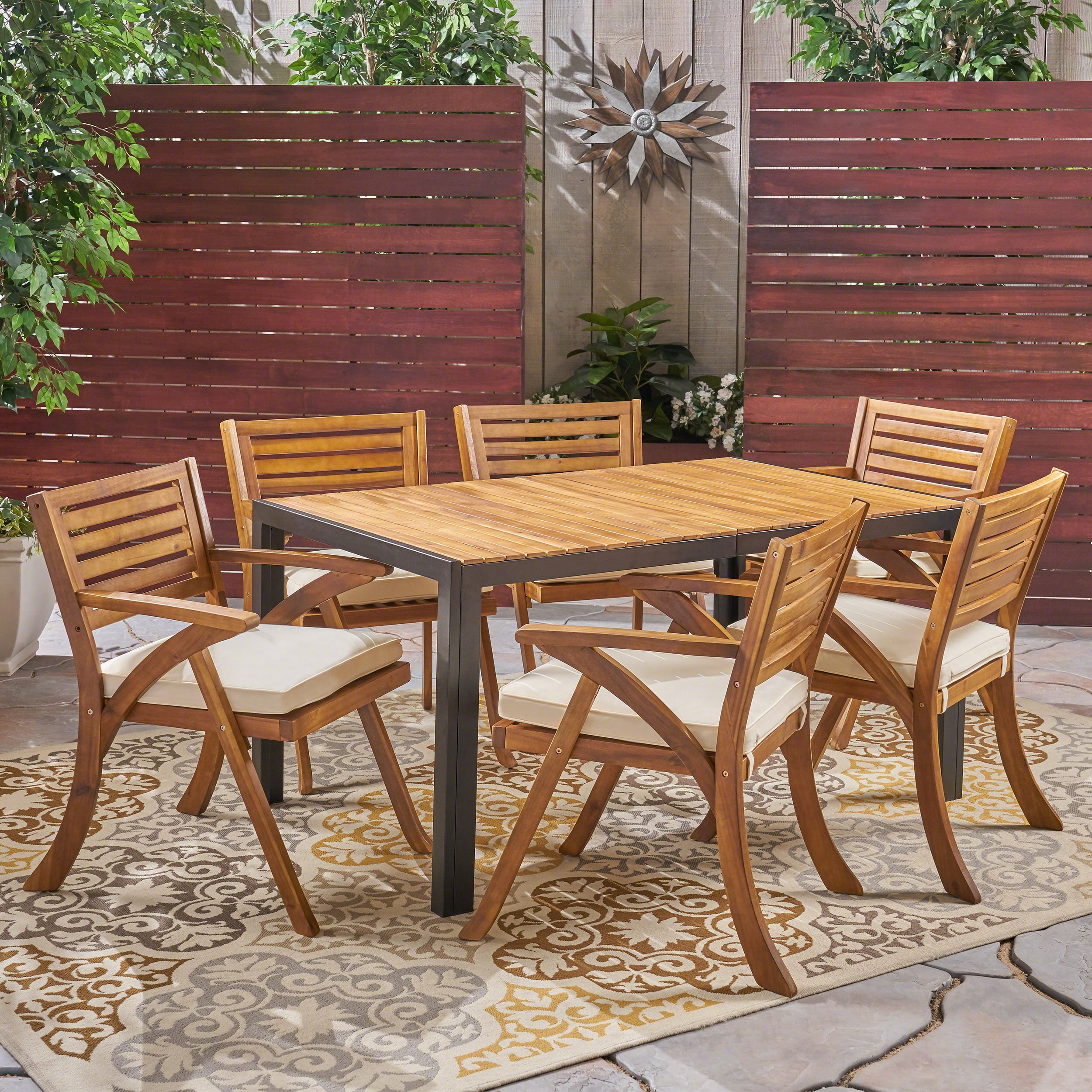 Frank Outdoor 7 Piece Rectangular Acacia Wood and Iron Dining Set, Teak, Black, Cream