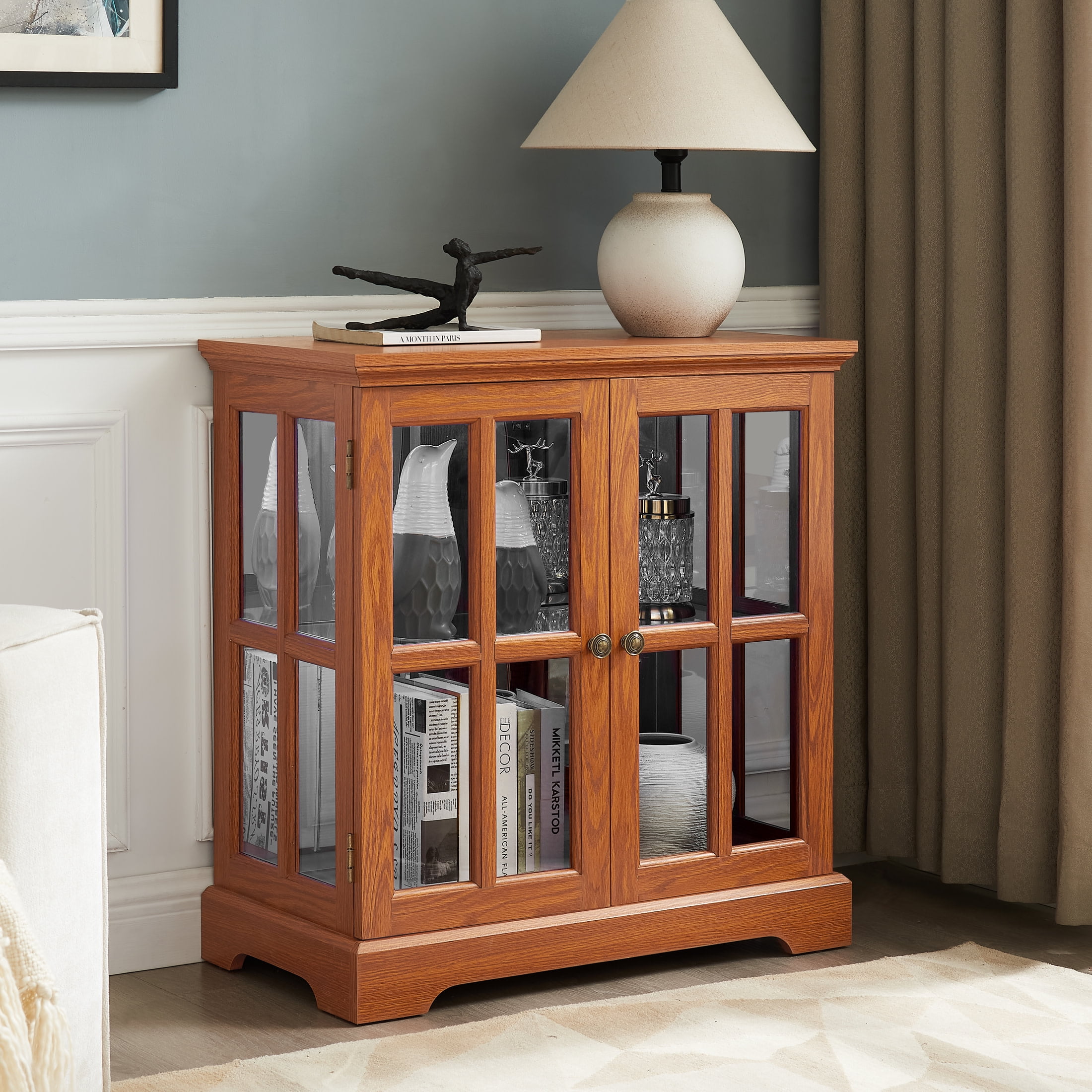 Noble House Belmere LED Curio Display Cabinet, 2-Door Antique Glass Bookcase with Adjustable Shelves, Dark Oak