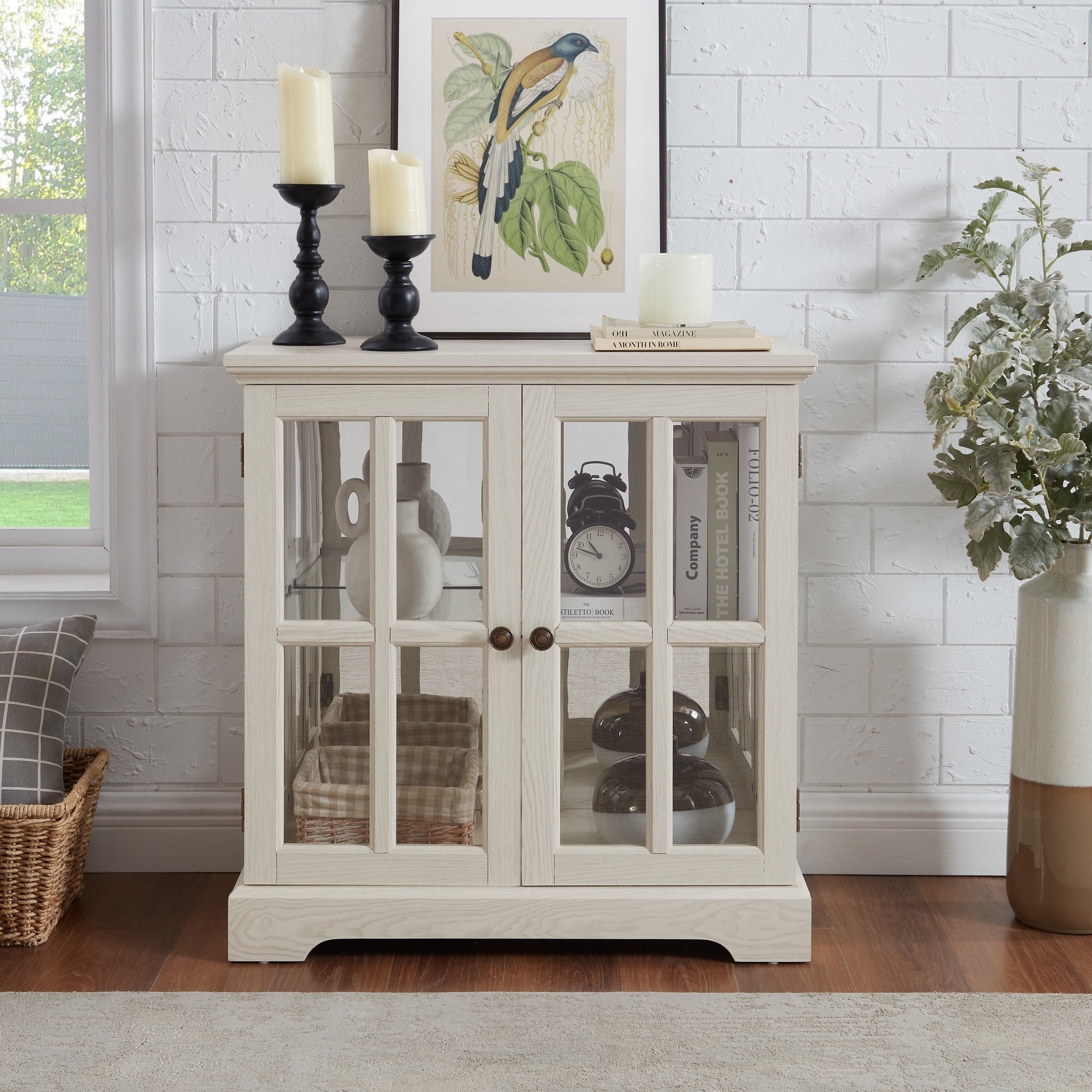 Noble House Belmere LED Curio Display Cabinet, 2-Door Antique Glass Bookcase with Adjustable Shelves, White