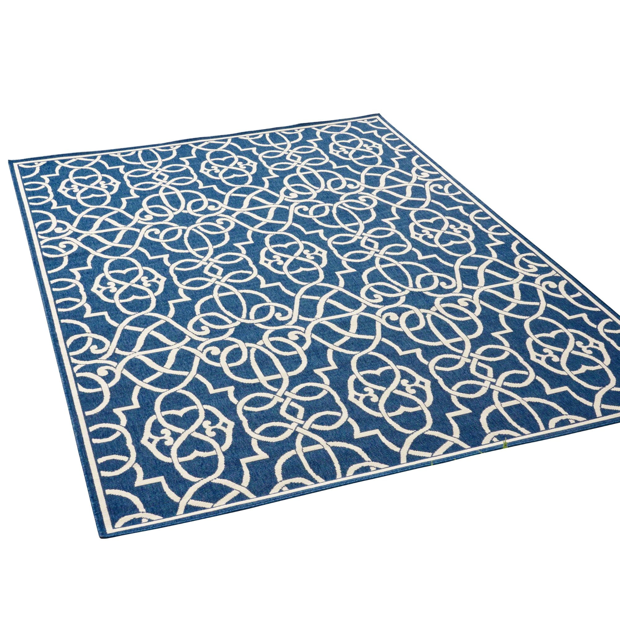 Navy and Ivory Geometric Synthetic Outdoor Area Rug, 5'3" x 7'5"