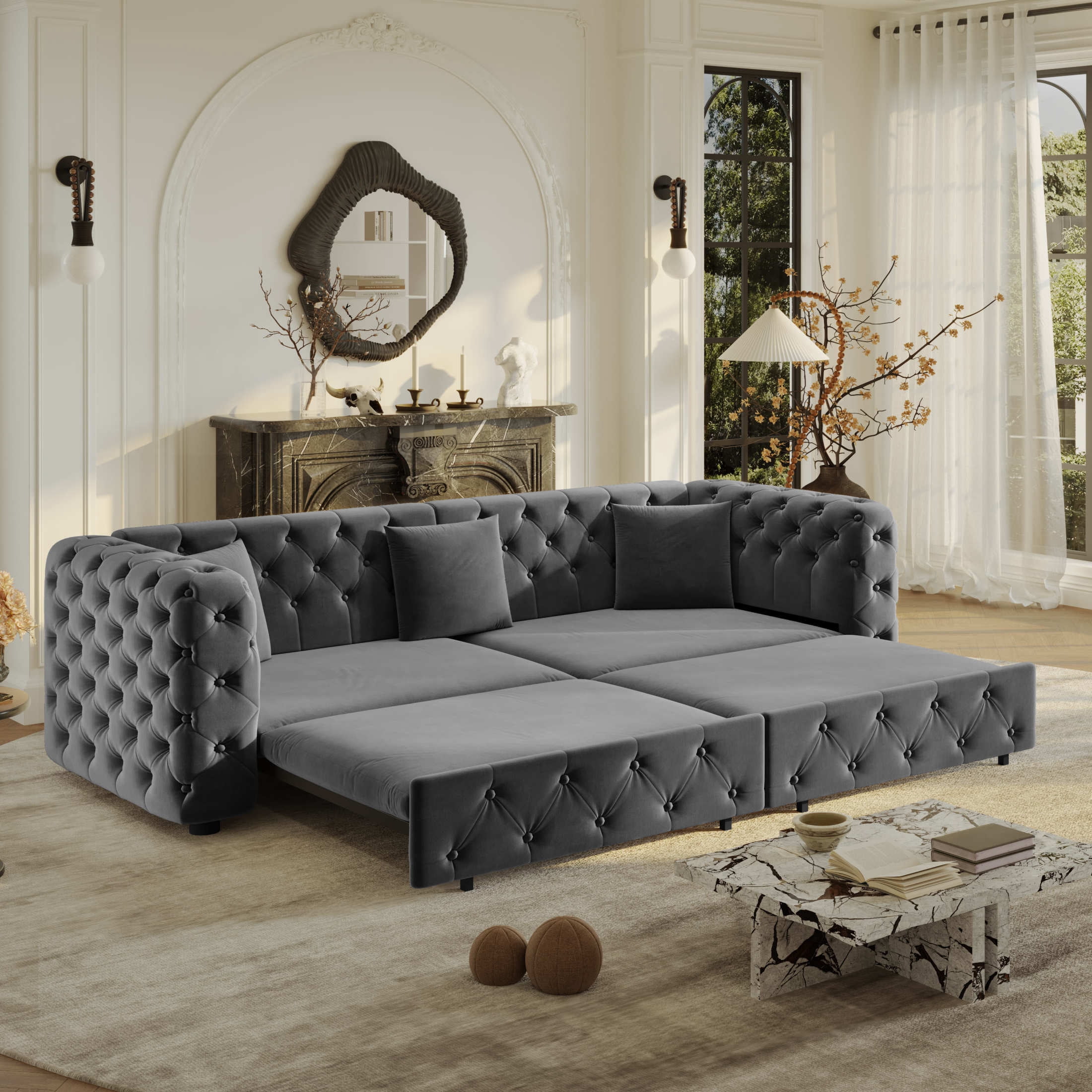 Noble House Belric 4-Seater Velvet Chesterfield Pull-Out Sofa Bed, Multifunctional 3-in-1 Tufted Sleeper Couch, Grey