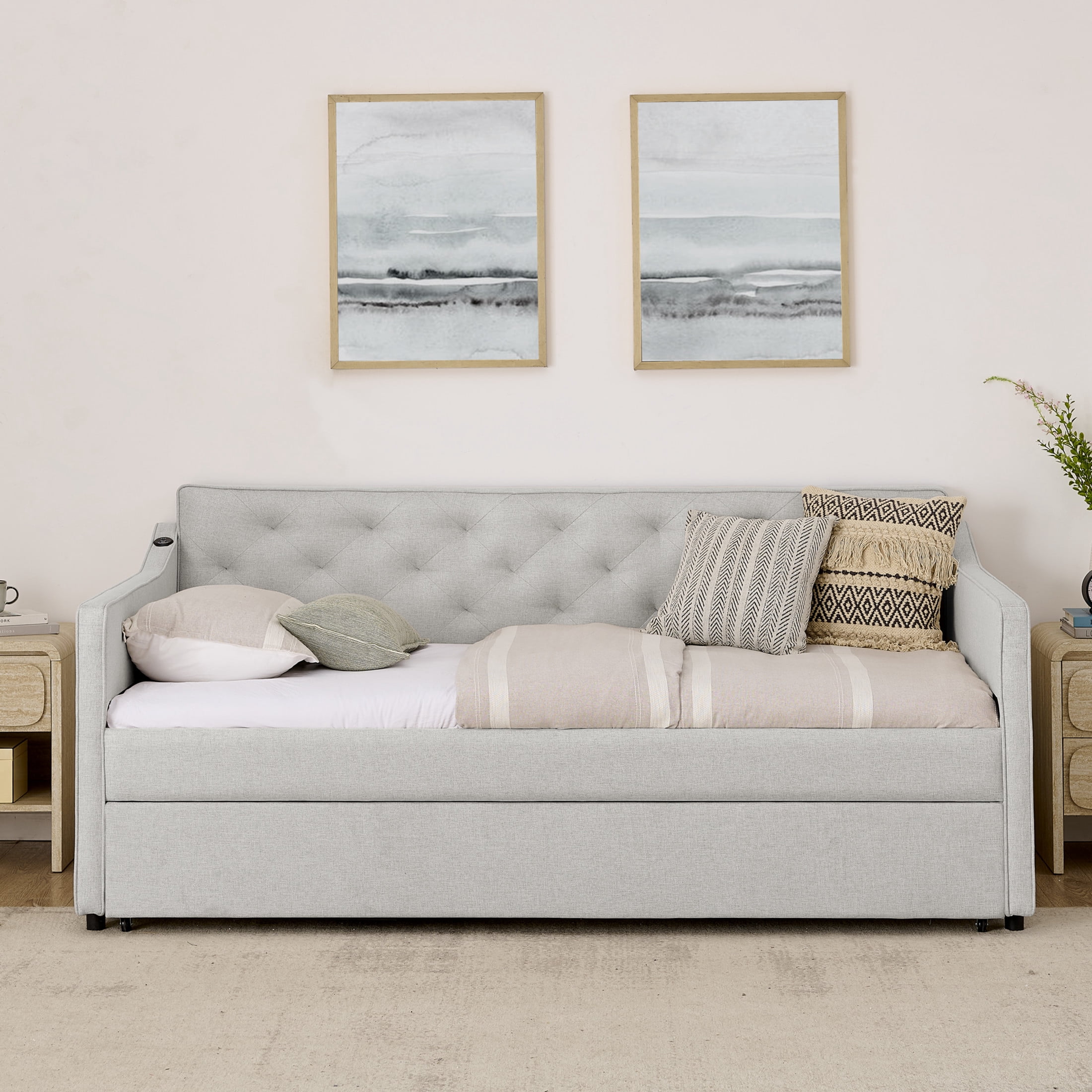 Noble House Belric Twin Size Linen Tufted Daybed, Sofa Bed Frame with Pop-Up Trundle and Built-In Charging Port, Beige