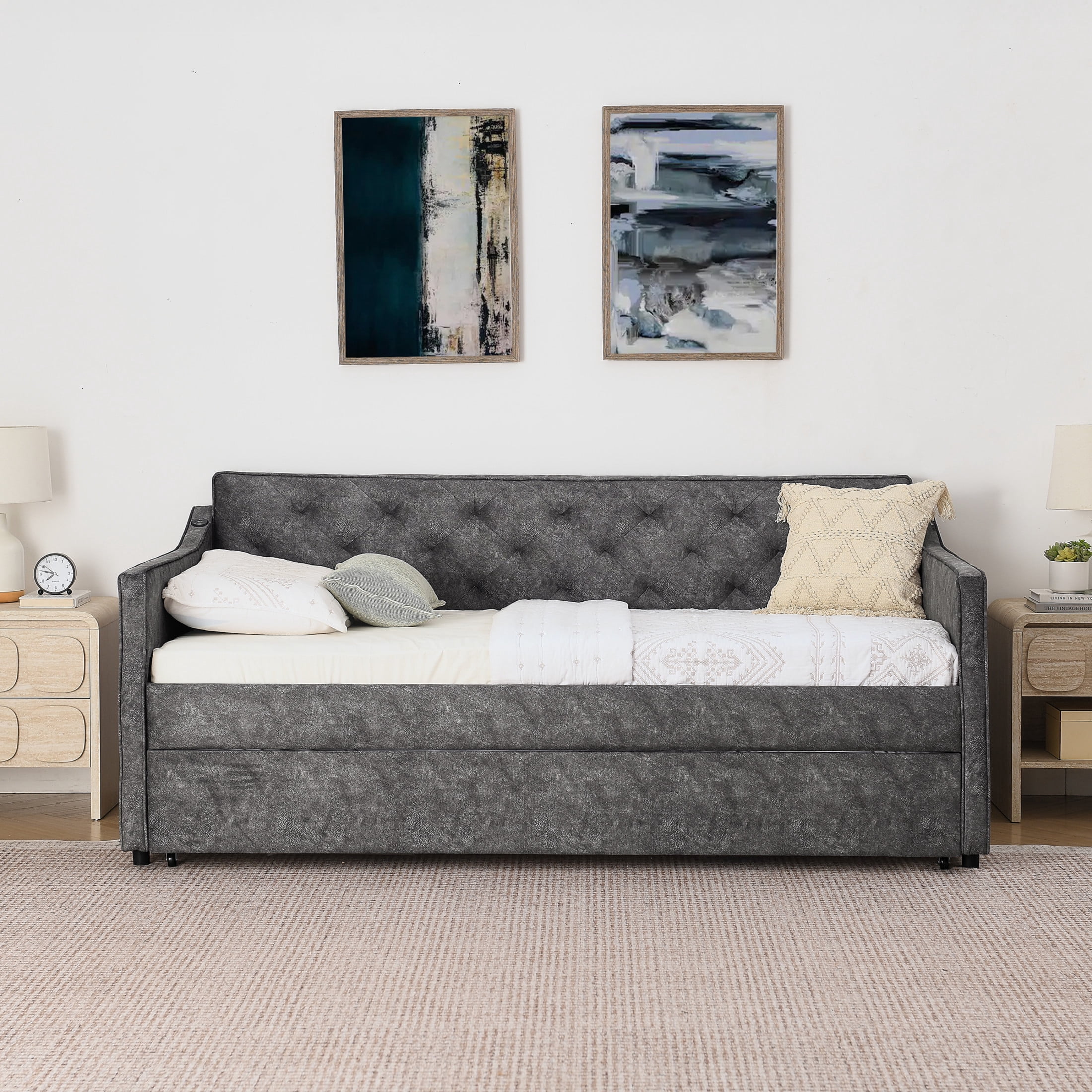 Noble House Belric Twin Size Velvet Tufted Daybed, Sofa Bed Frame with Pop-Up Trundle and Built-In Charging Port, Grey