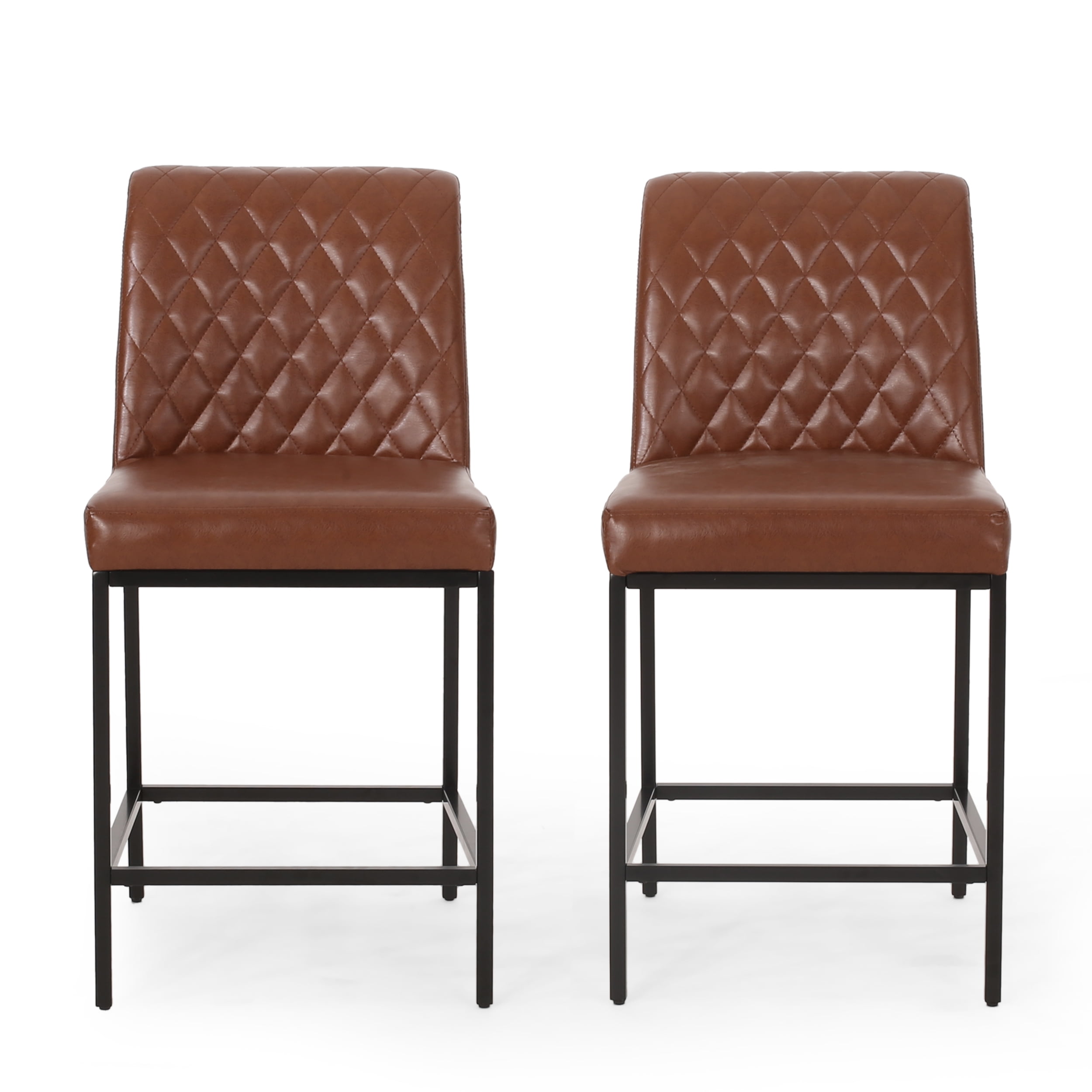 Noble House Berea Upholstered Diamond Stitch Counter Stools, Set of 2, Cognac Brown and Black