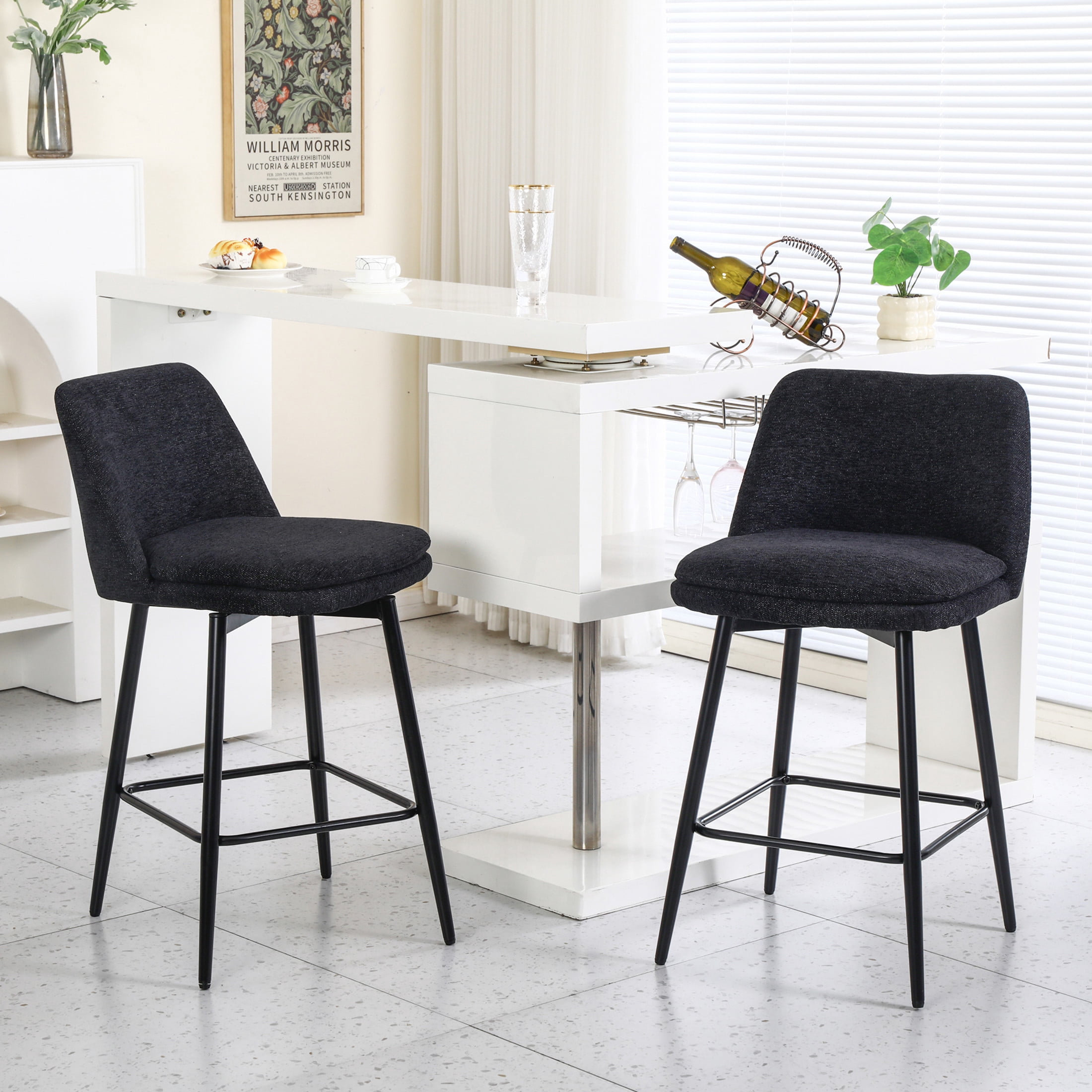 Noble House Bertis 360° Swivel Bar Stools, Upholstered Linen Kitchen Island Chairs with Metal Legs, Black, Set of 2