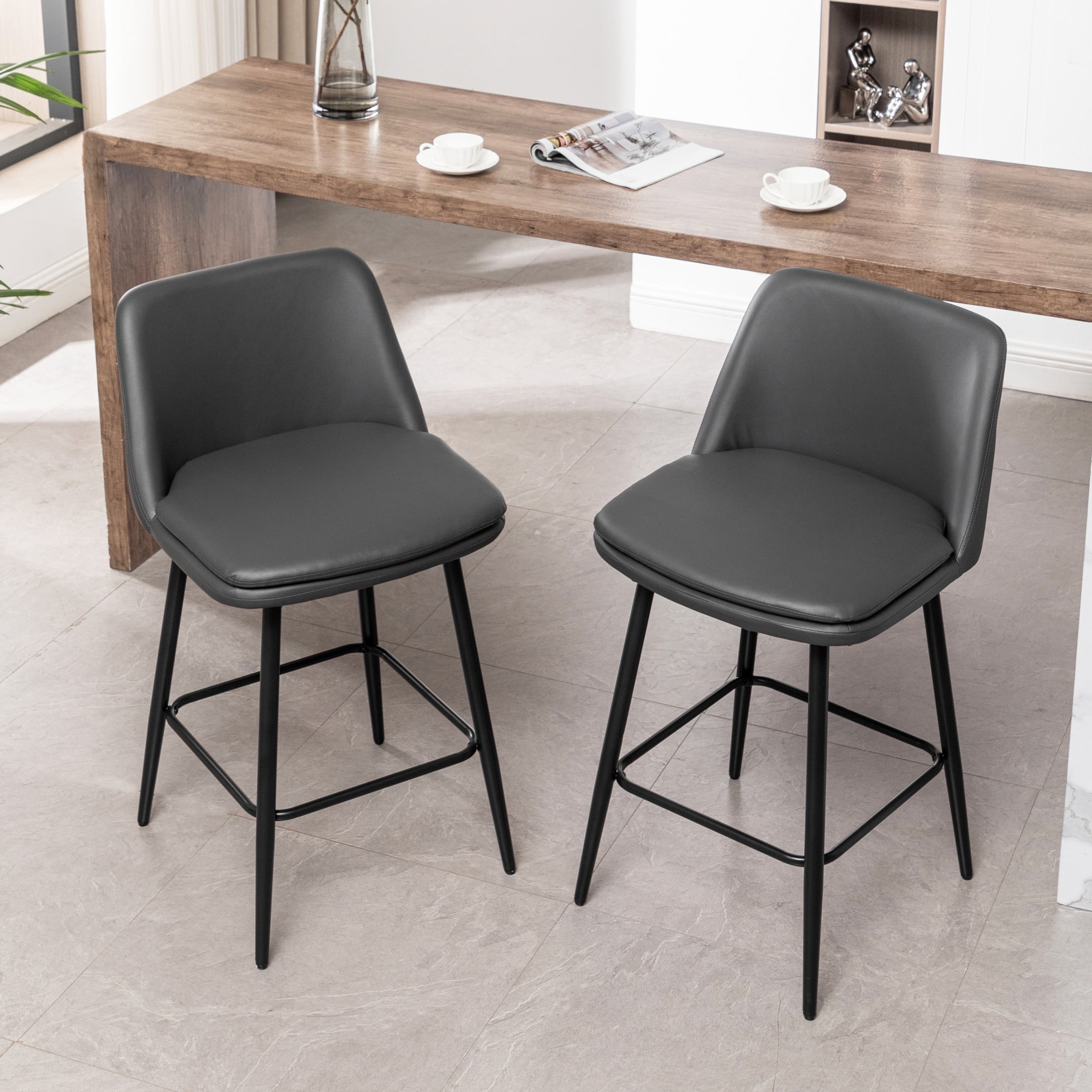 Noble House Bertis 360° Swivel Bar Stools, Upholstered Linen Kitchen Island Chairs with Metal Legs, Dark Gray, Set of 2