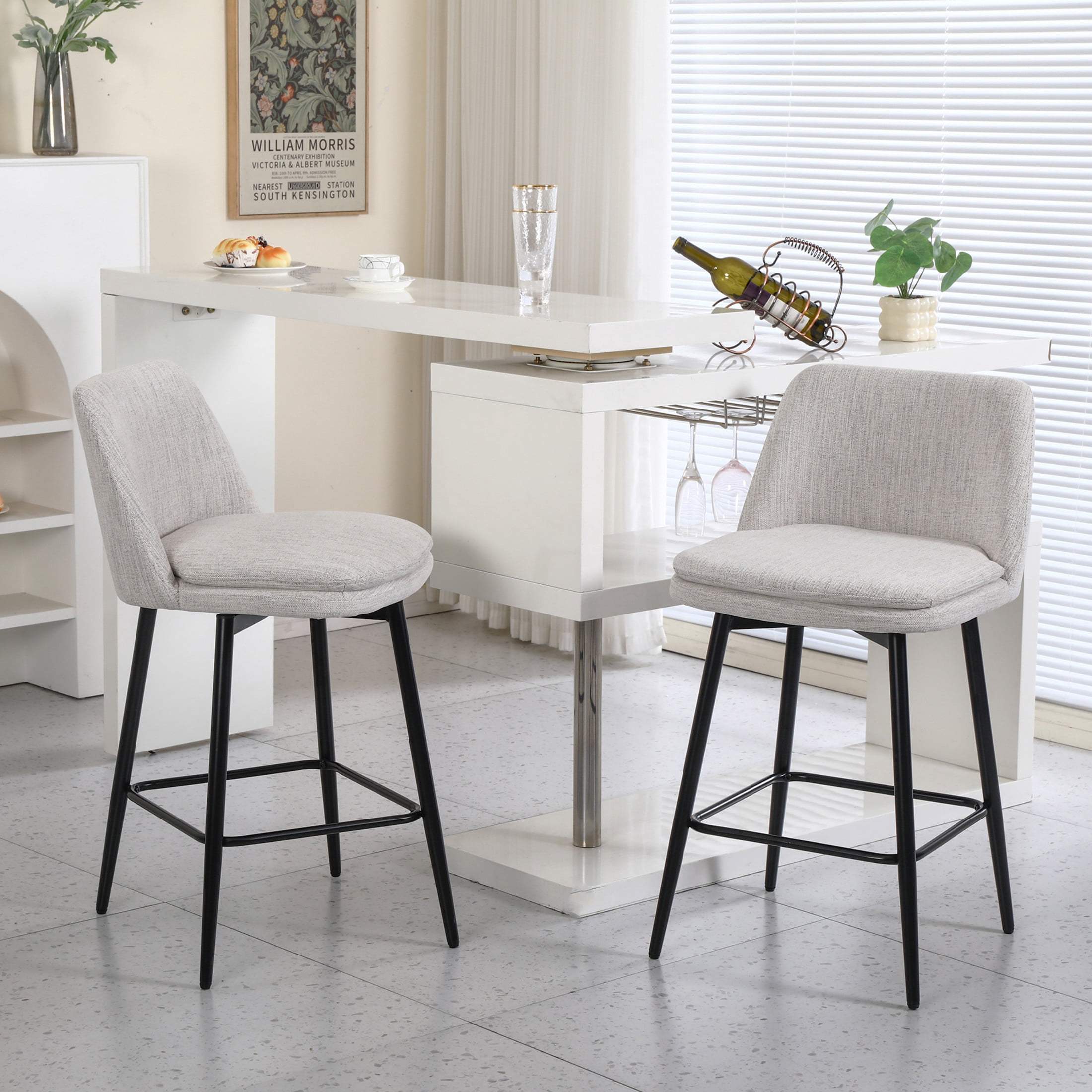 Noble House Bertis 360° Swivel Bar Stools, Upholstered Linen Kitchen Island Chairs with Metal Legs, Off White, Set of 2