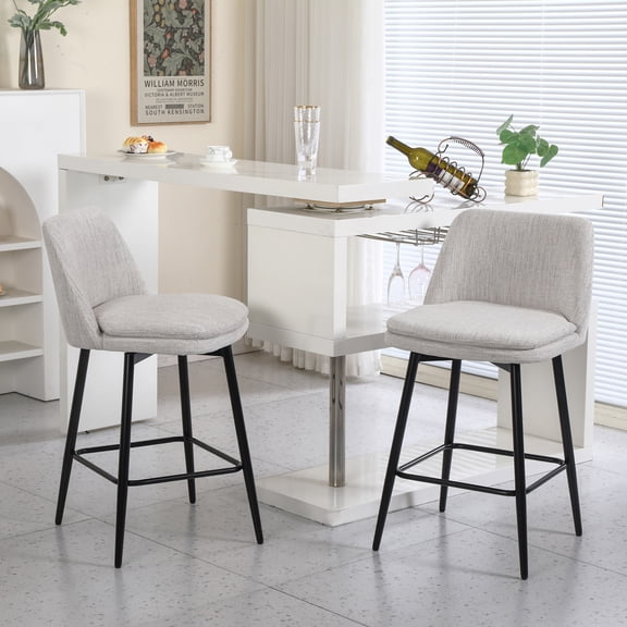 Noble House Bertis 360° Swivel Bar Stools, Upholstered Linen Kitchen Island Chairs with Metal Legs, Off White, Set of 2