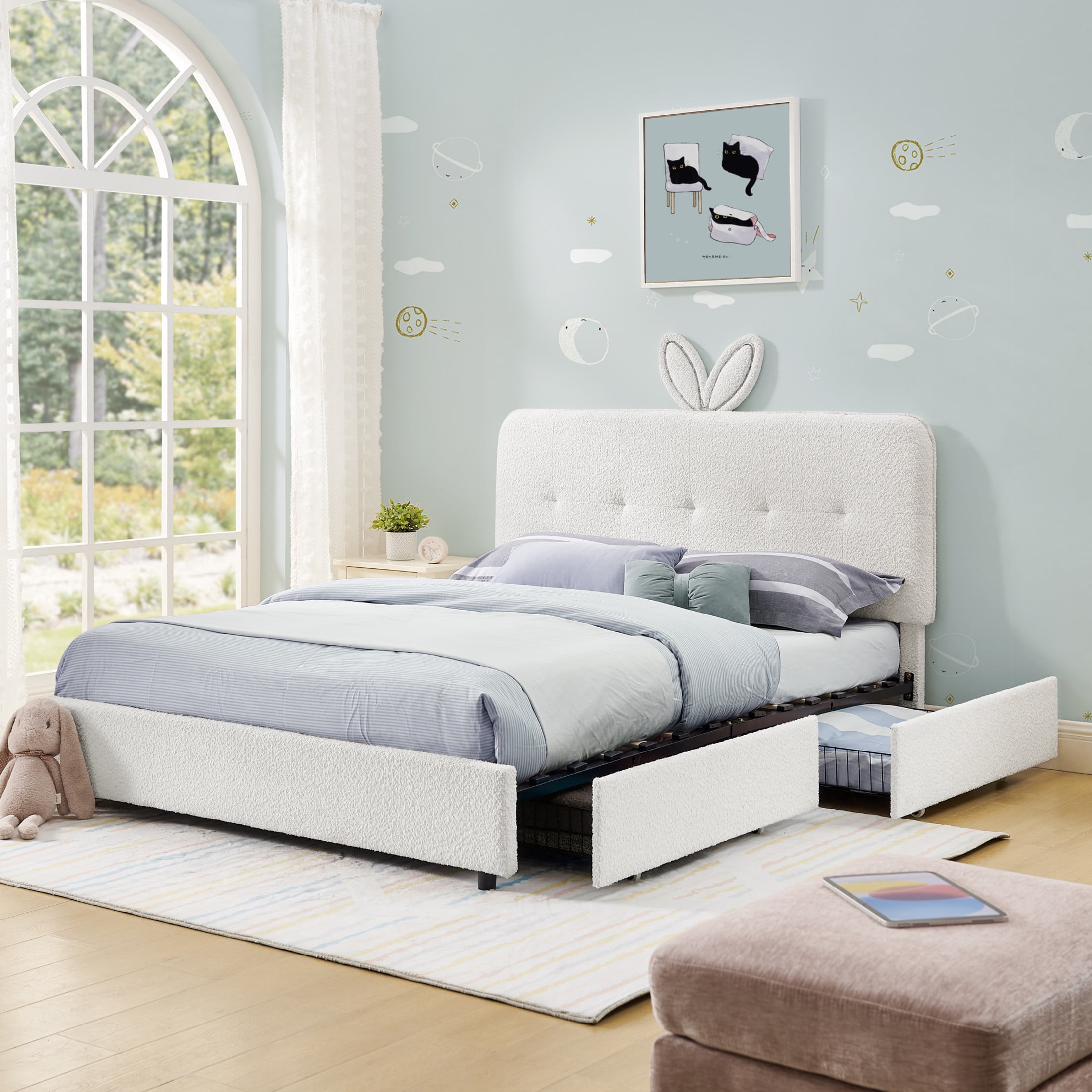 Noble House Bertis Full Size Boucle Kids Bed, Rabbit Ear Headboard Bed Frame with LED Light and Storage Drawers, Beige
