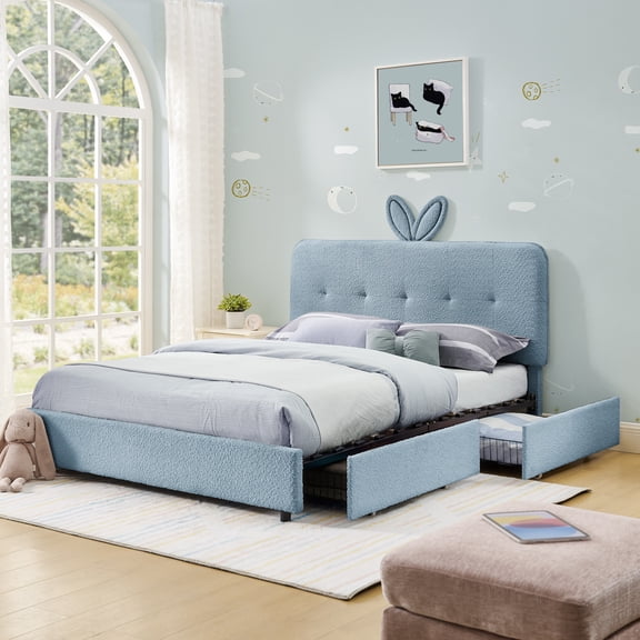 Noble House Bertis Full Size Boucle Kids Bed, Rabbit Ear Headboard Bed Frame with LED Light and Storage Drawers, Navy