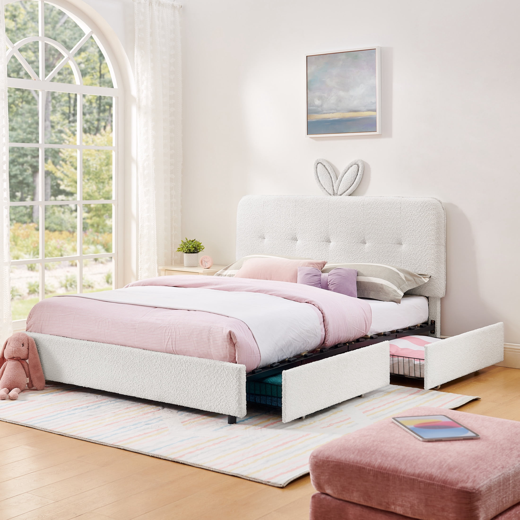 Noble House Bertis Queen Size Boucle Kids Bed, Rabbit Ear Headboard Bed Frame with LED Light and Storage Drawers, Beige
