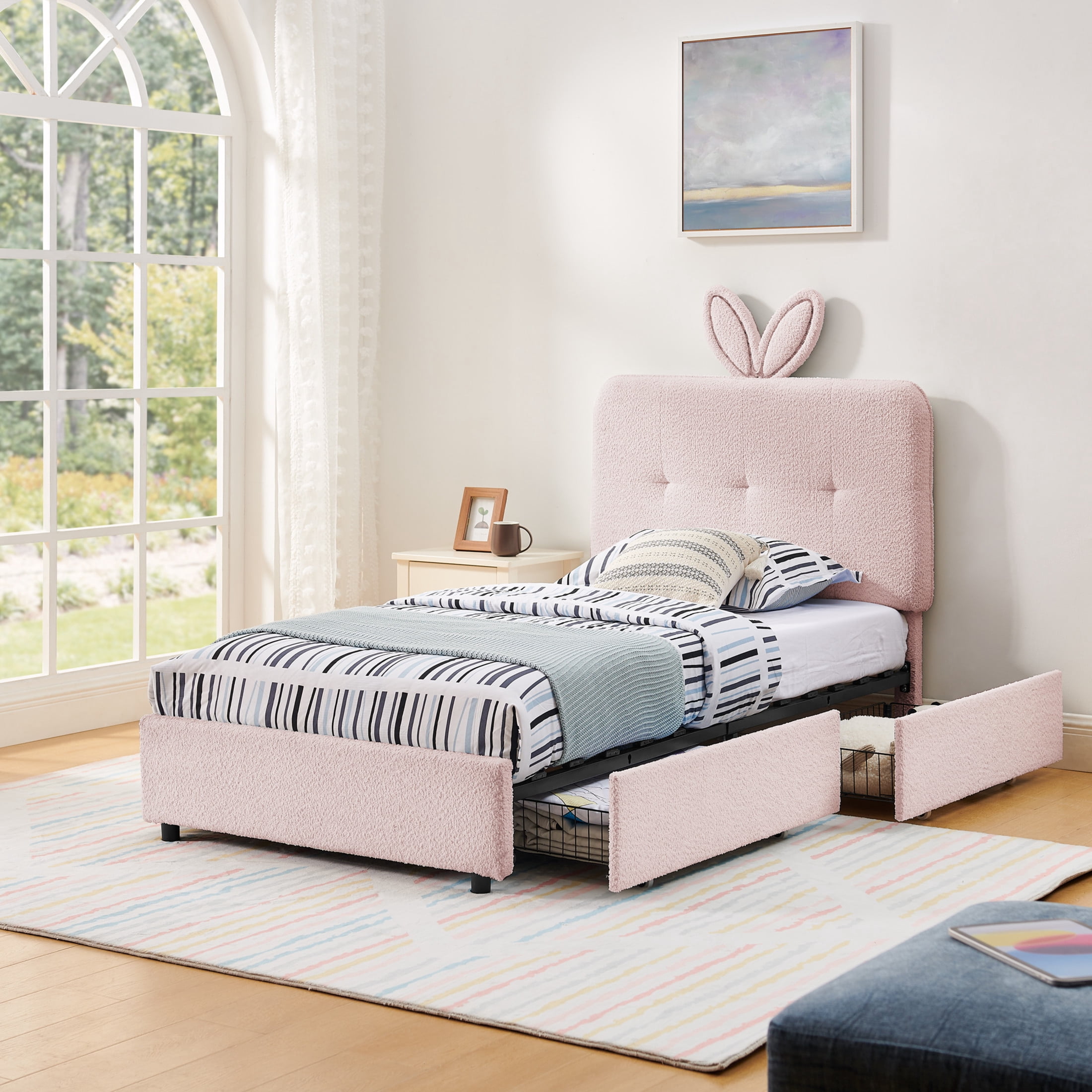 Noble House Bertis Twin Size Boucle Kids Bed, Rabbit Ear Headboard Bed Frame with LED Light and Storage Drawers, Pink