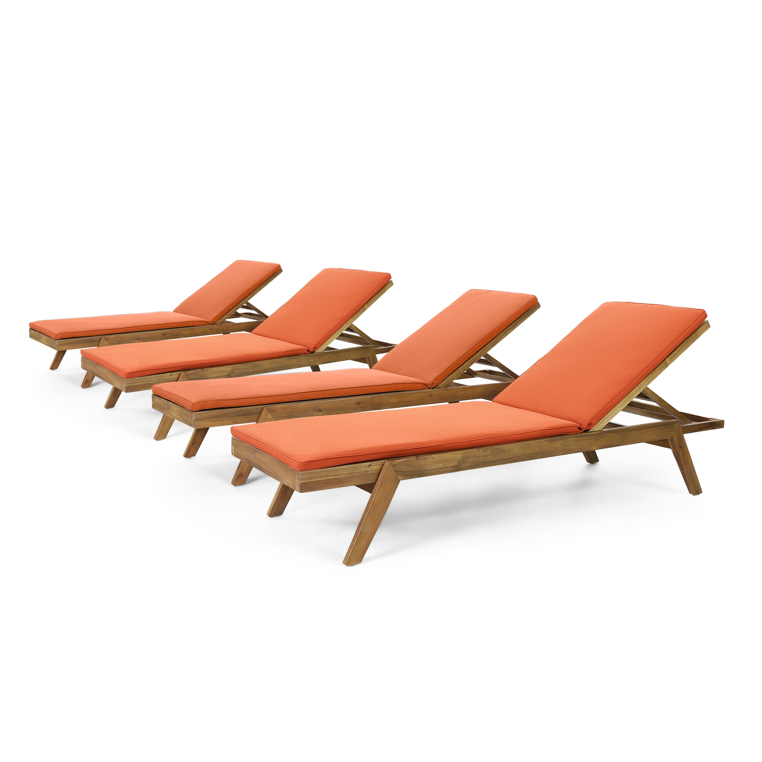 Teak and Orange Acacia Wood Outdoor Chaise Lounge Set with Cushions