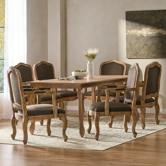 Noble House Birdsong Fabric Upholstered Wood Expandable 7 Piece Dining Set, Natural Brown and Brown