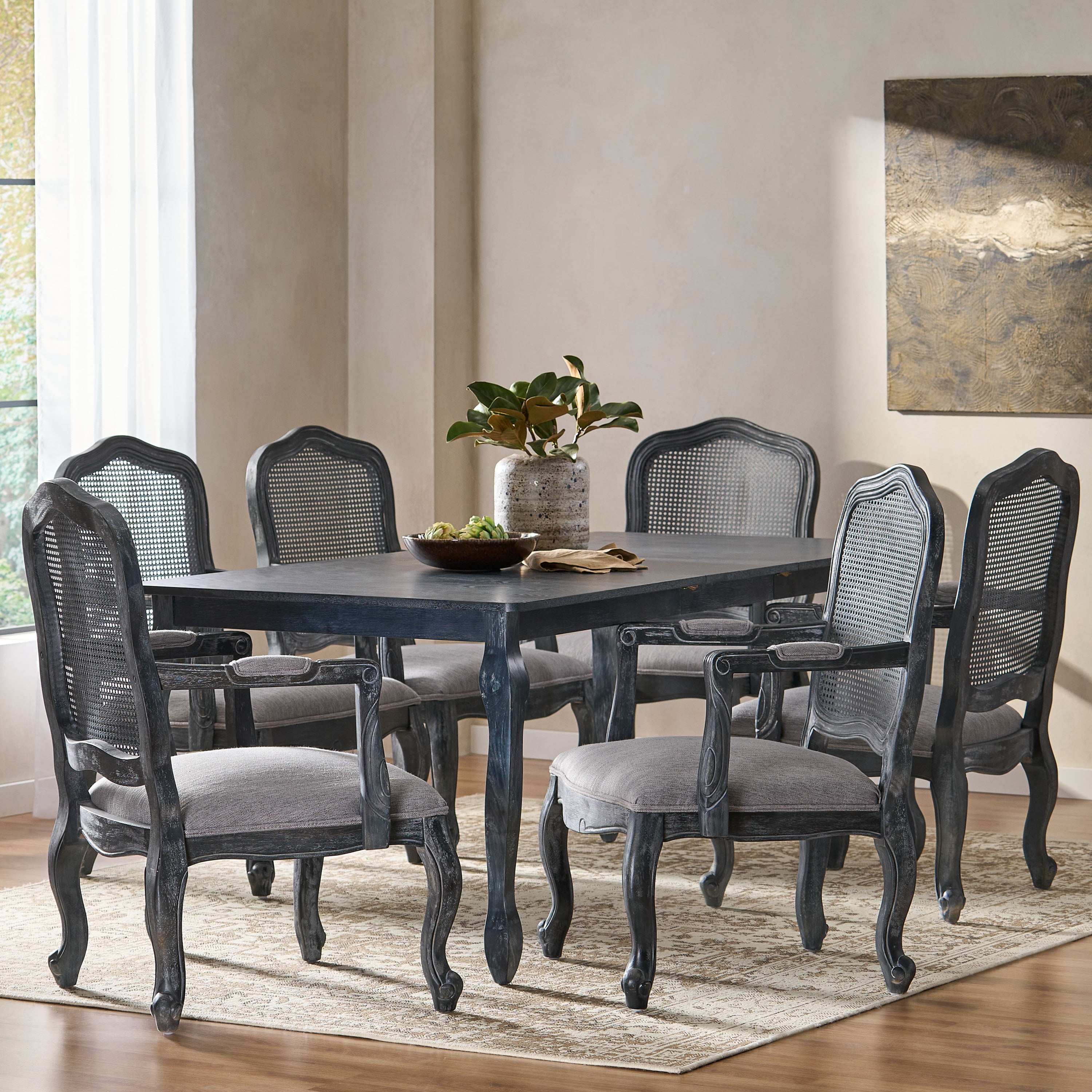 Noble House Birdsong Fabric Upholstered Wood and Cane Expandable 7 Piece Dining Set, Gray