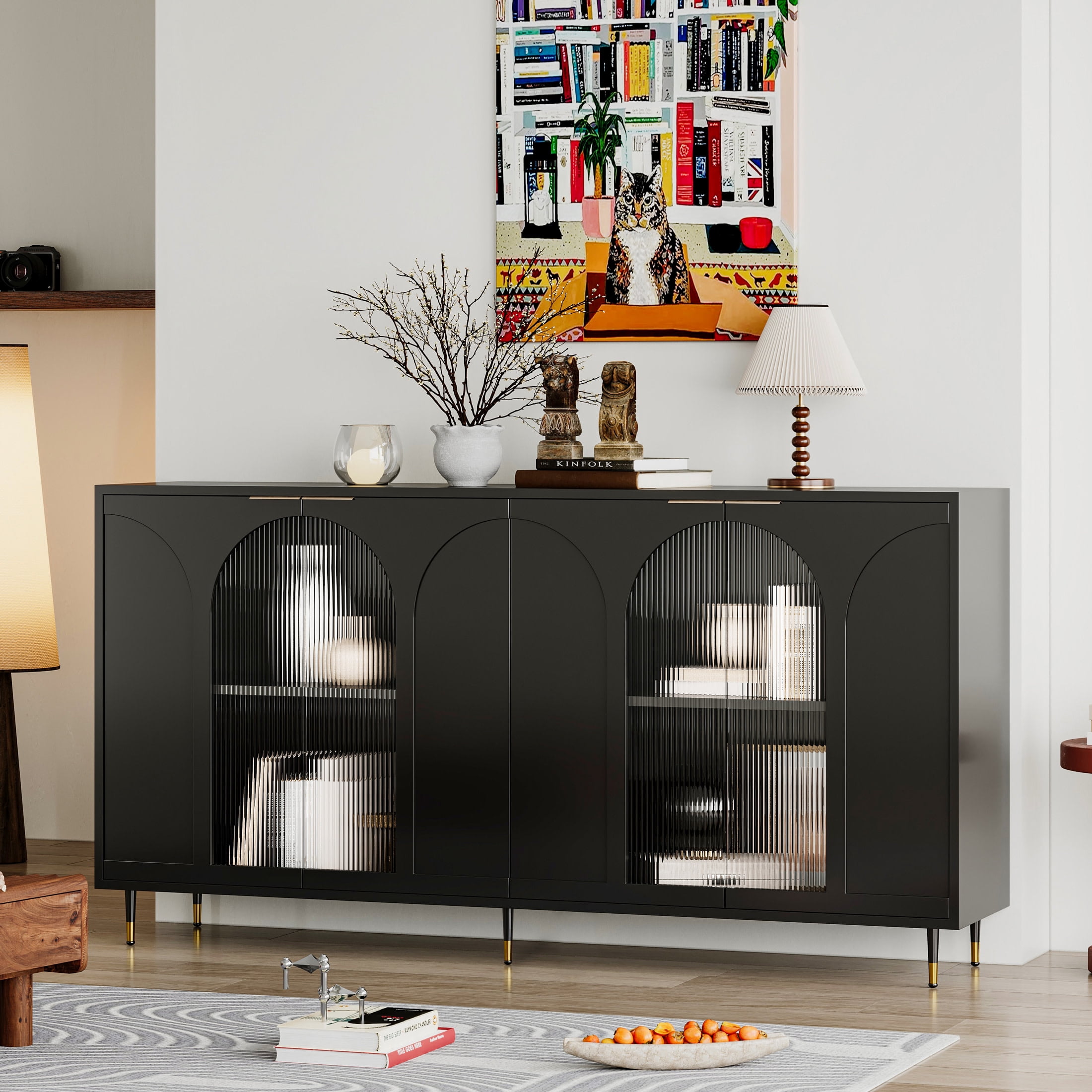 Noble House Black Accent Sideboard with Tempered Fluted Glass Doors ...