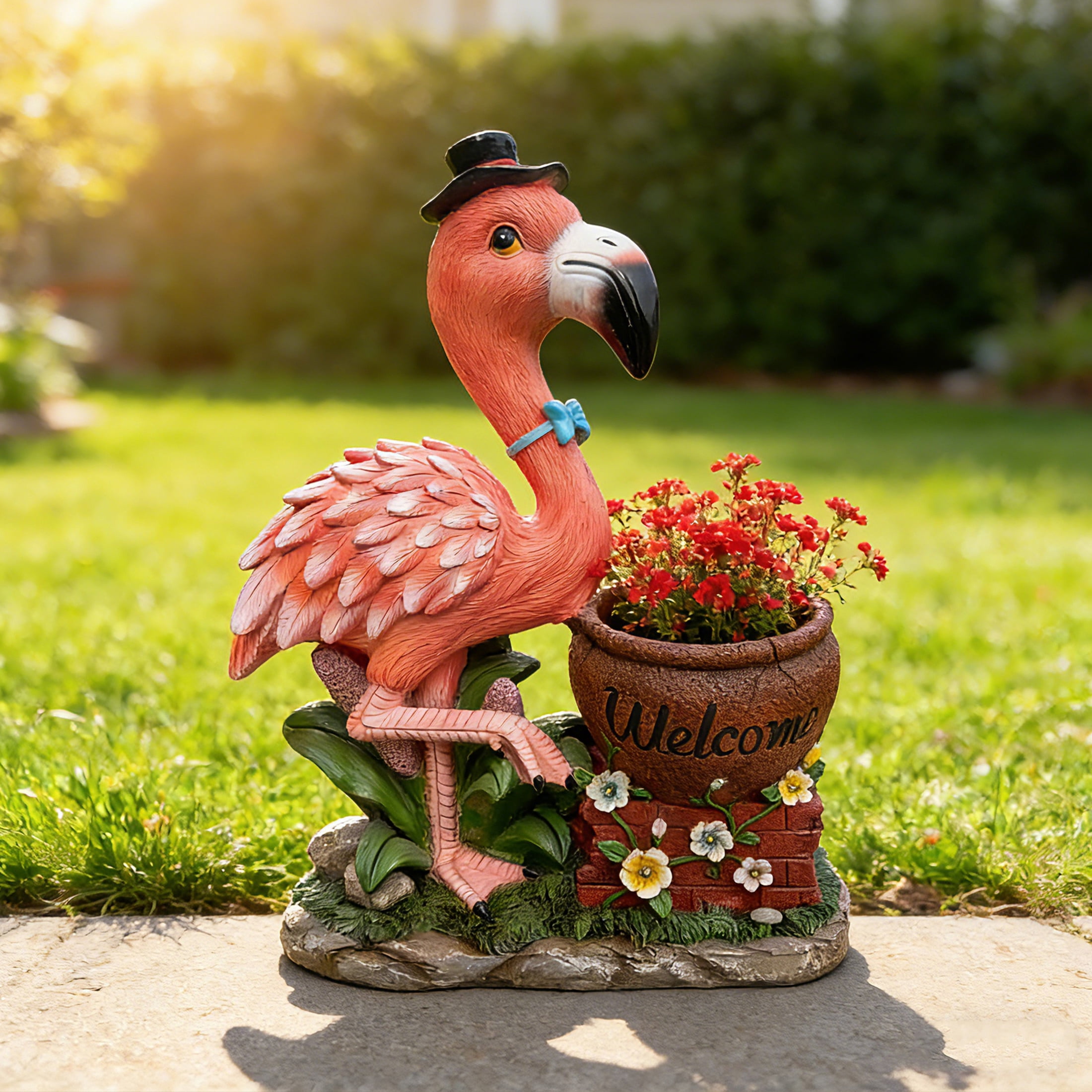 Noble House Black Hat Flamingo Garden Planter Pot, Whimsical Resin Figurine Flower Pot for Outdoor Porch and Yard Decor, Multicolor