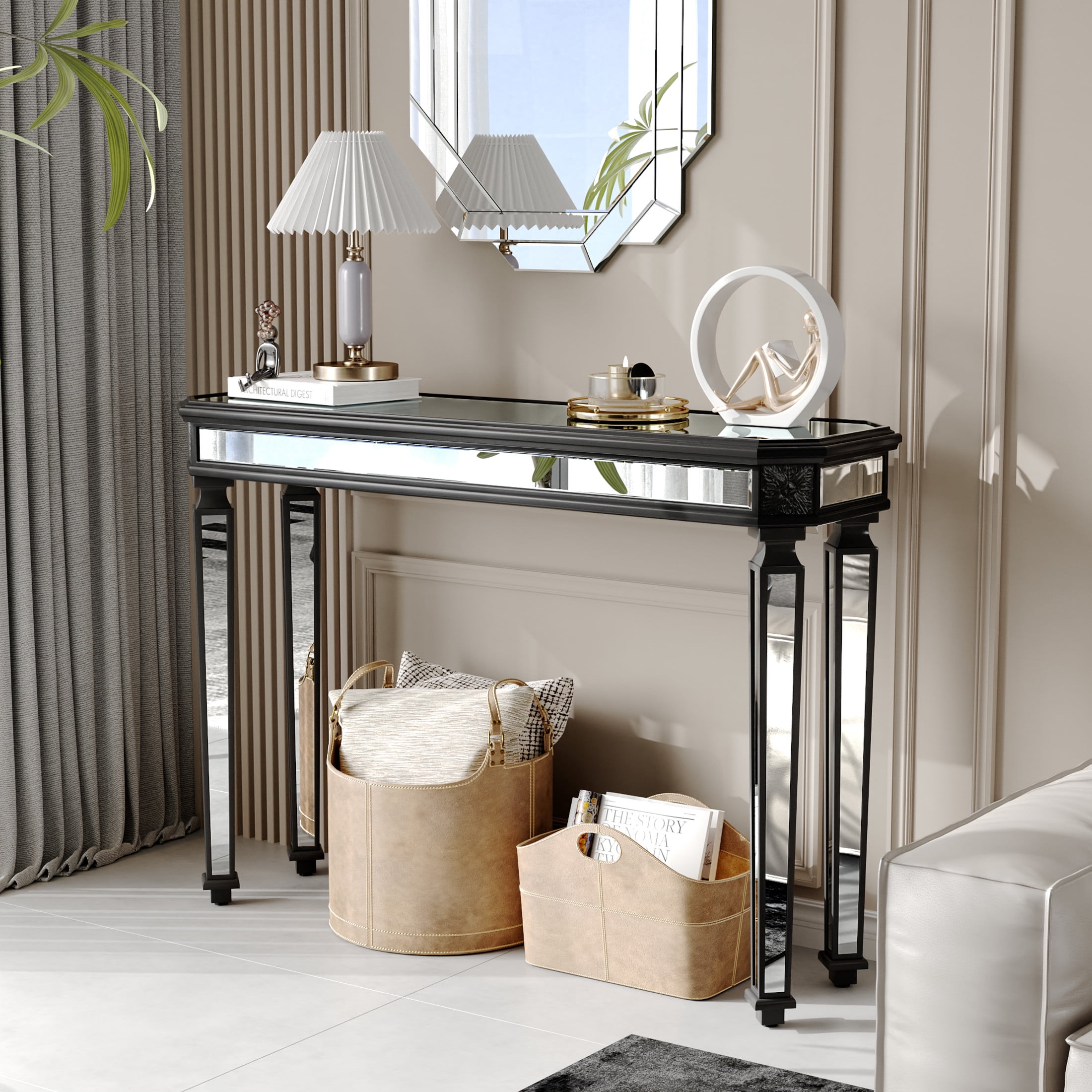 Noble House Black Mirror Console Table Vintage Wood Grain Carving Process Gorgeous and Noble for Entryway, Sofa Table,Living Room, Black+Silver