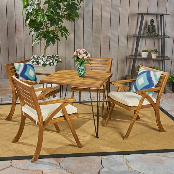 Noble House Blaine 5 Piece Wood Top Square Patio Dining Set in Teak