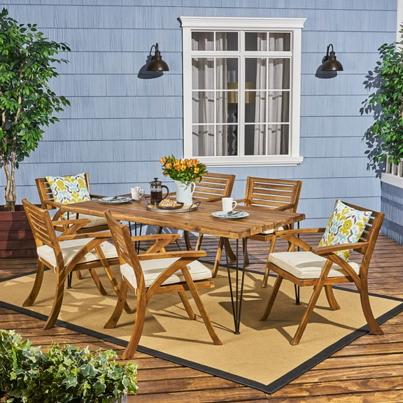 Noble House Blaine 7 Piece Wood Top Patio Dining Set in Teak and Cream