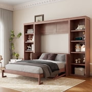Noble House Blair Full Size Murphy Bed with Integrated Desk and Bookshelf, Folding Wall Bed, Dark Brown